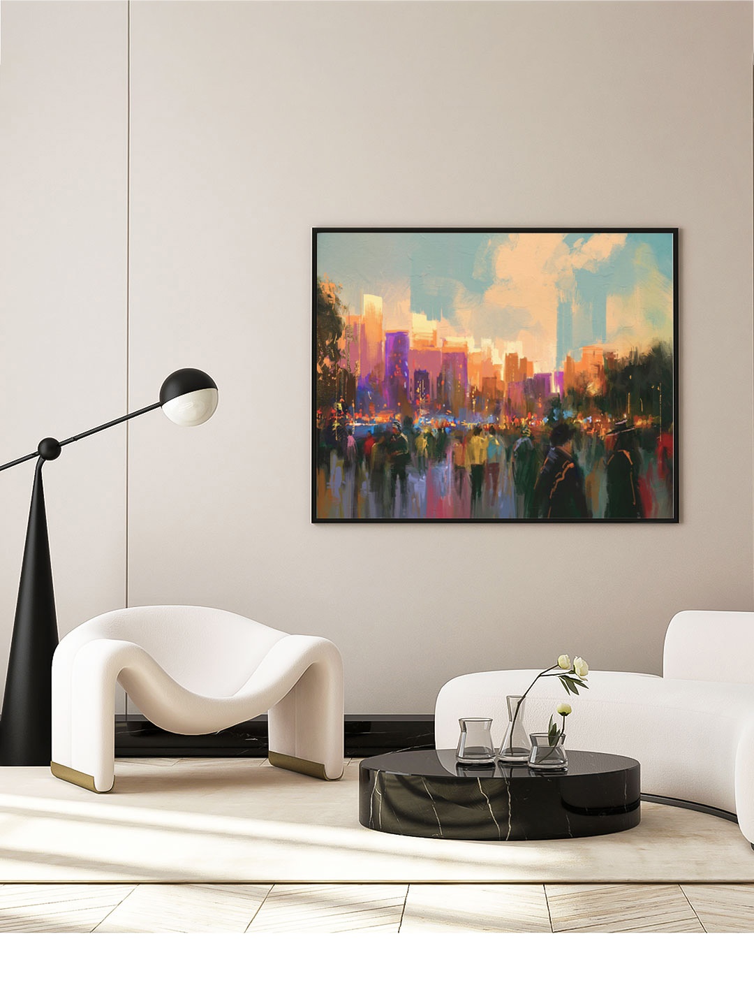 

ARTSPACE Blue People In A City Park At Sunset Canvas Painting Wall Art