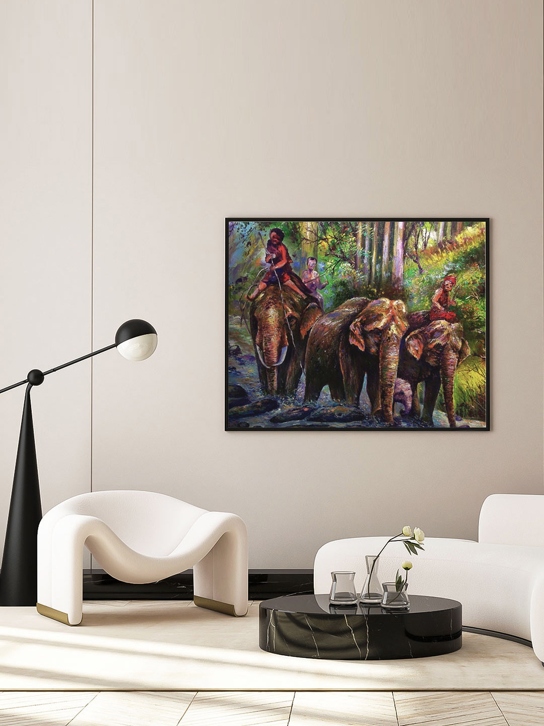 

ARTSPACE Multi-Coloured Elephant Family Thailand Canvas Painting