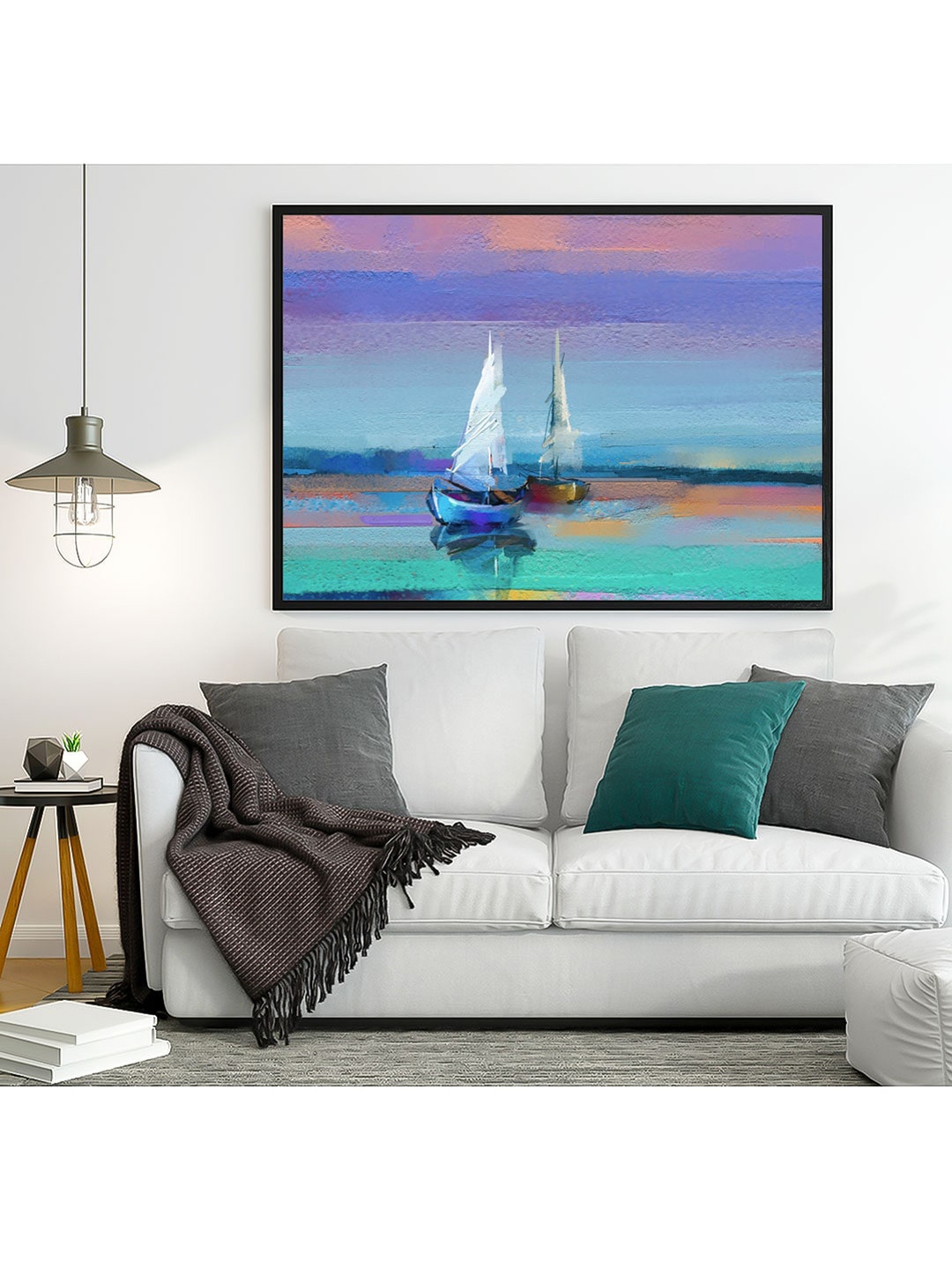 

ARTSPACE Blue & White Beautiful Sky View and Boat Sailing in Evening Canvas Painting