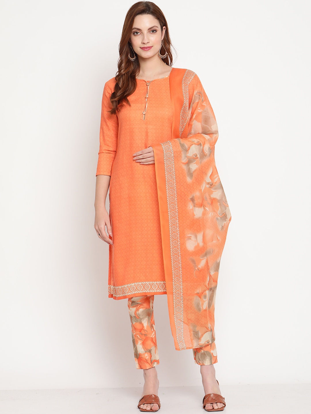 

Rajnandini Women Orange Printed Kurta with Trousers & With Dupatta