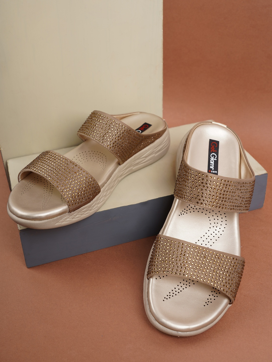 

Get Glamr Beige & Olive Green Embellished Comfort Sandals