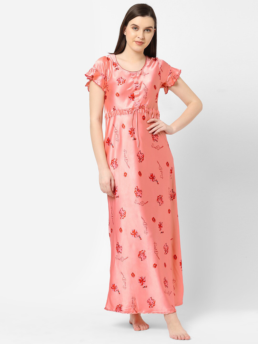 

Sweet Dreams Peach-Coloured Printed Satin Maxi Nightdress