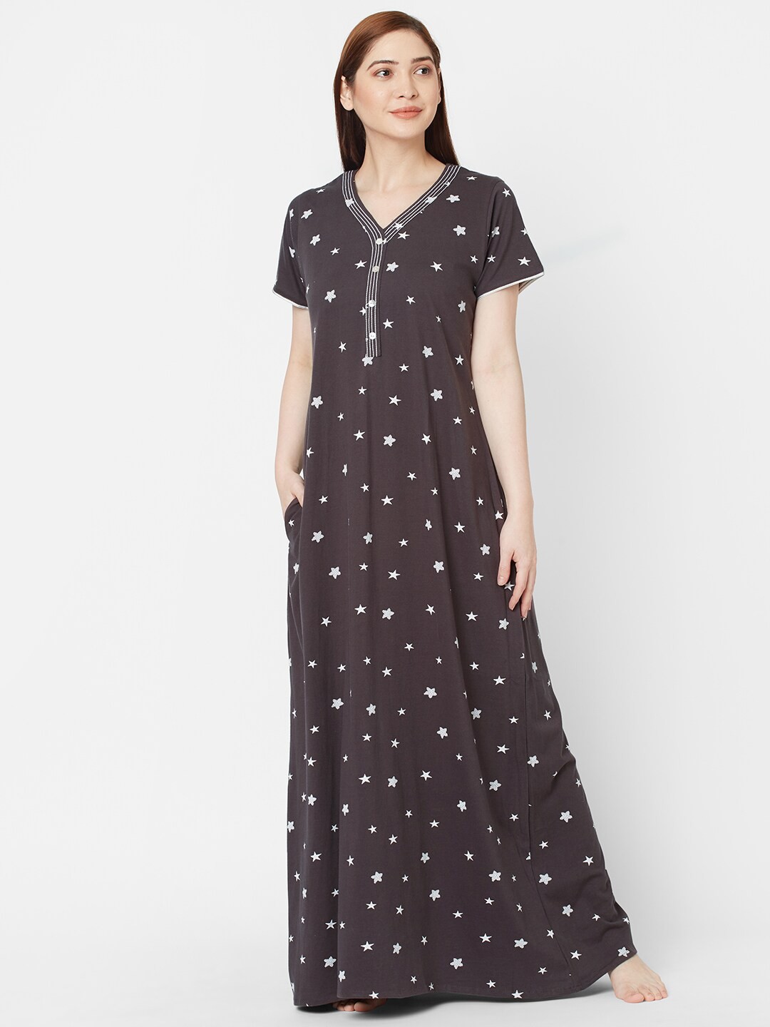 

Sweet Dreams Brown Printed Pure Cotton V-neck Maxi Nightdress