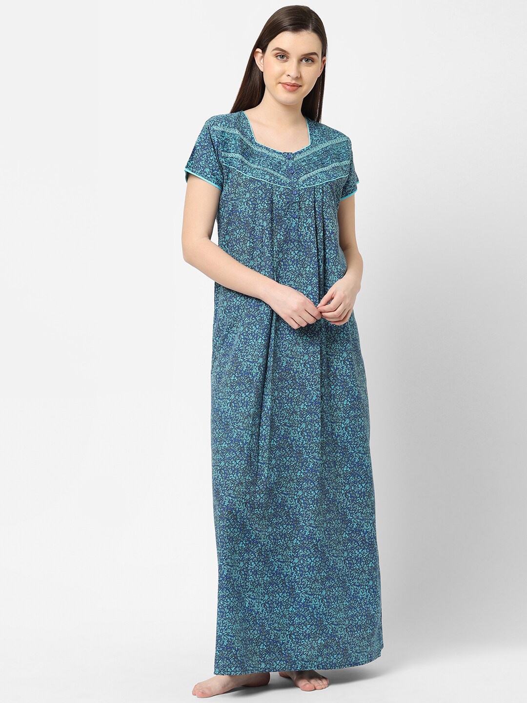 

Sweet Dreams Women Blue Printed Pure Cotton Maxi Nightdress