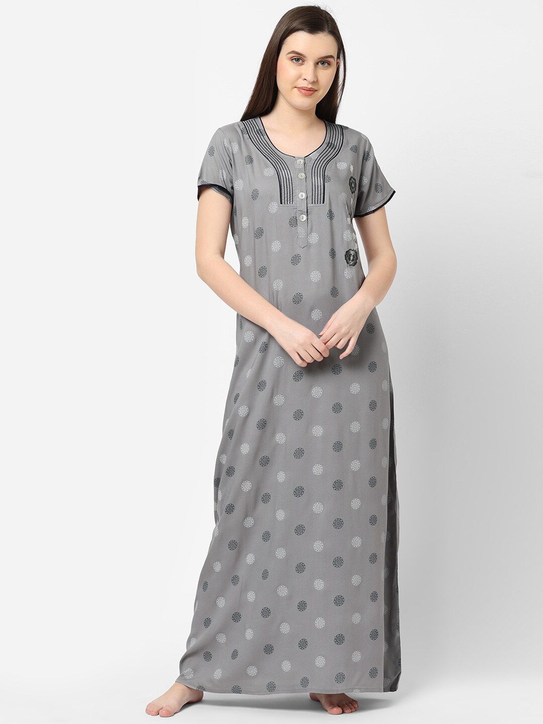 

Sweet Dreams Grey Printed Pure Cotton Maxi Nightdress