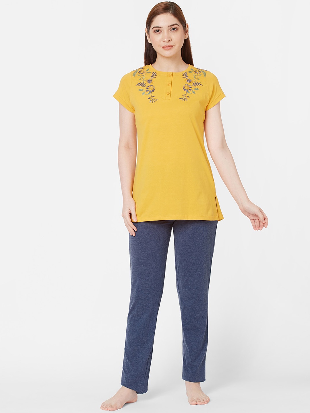 

Sweet Dreams Women Yellow Floral Embroidered Night Suit