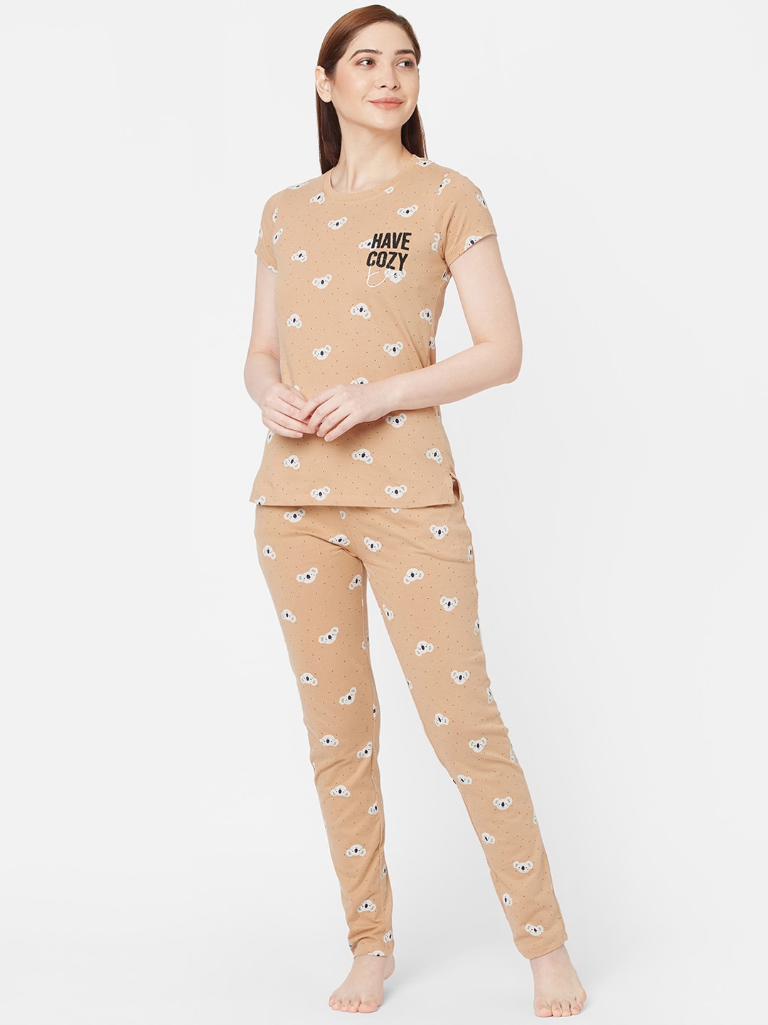 

Sweet Dreams Women Beige & White Cartoon Characters Printed Night suit