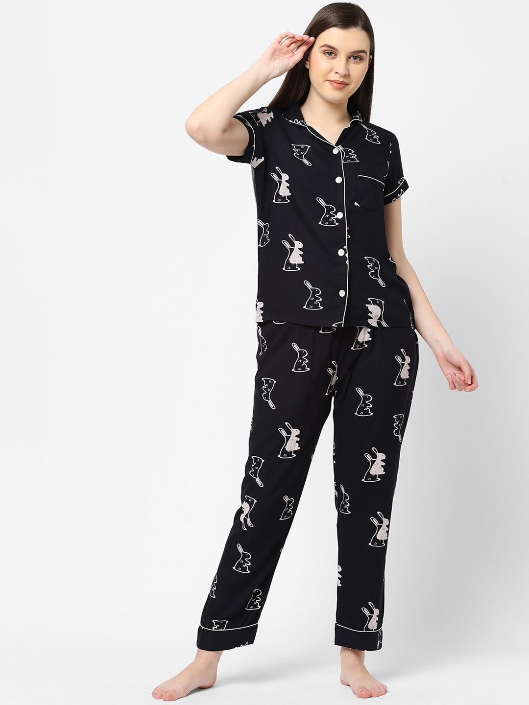 

Sweet Dreams Women Black & Off White Printed Night suit