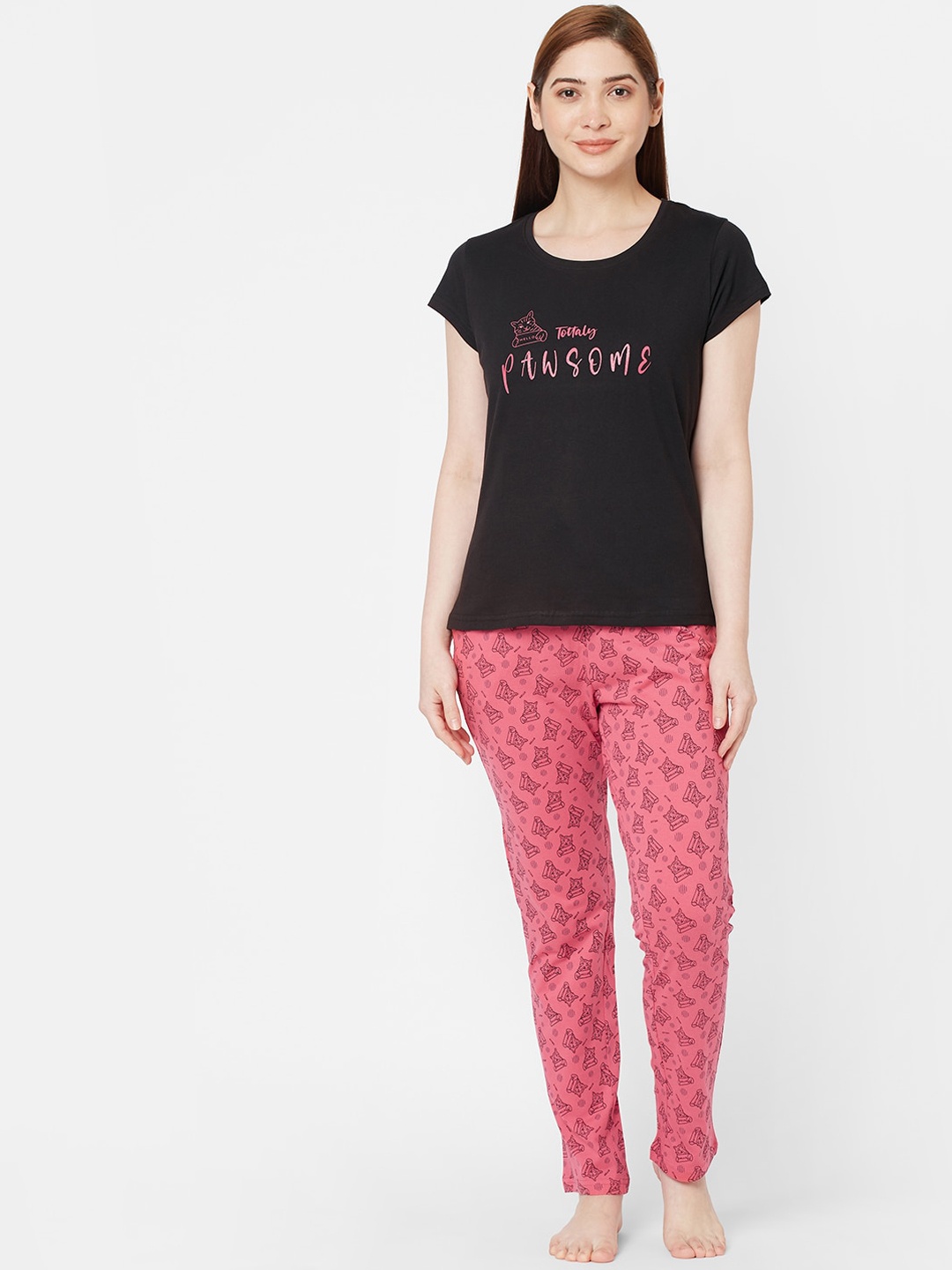 Sweet Dreams Women Black & Pink Printed Night suit