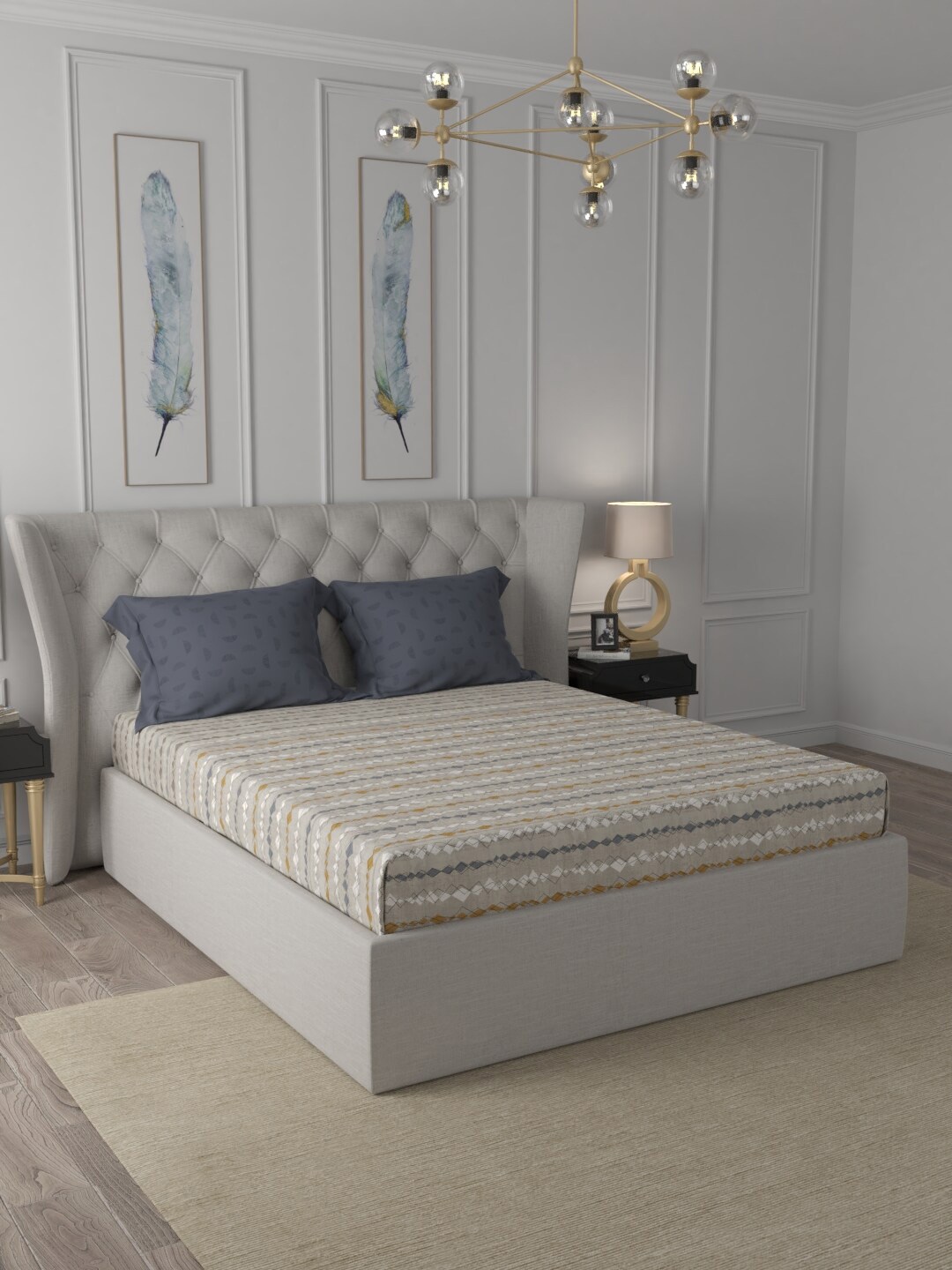 

Trident Beige & Blue Striped 210 TC King Bedsheet with 2 Pillow Covers