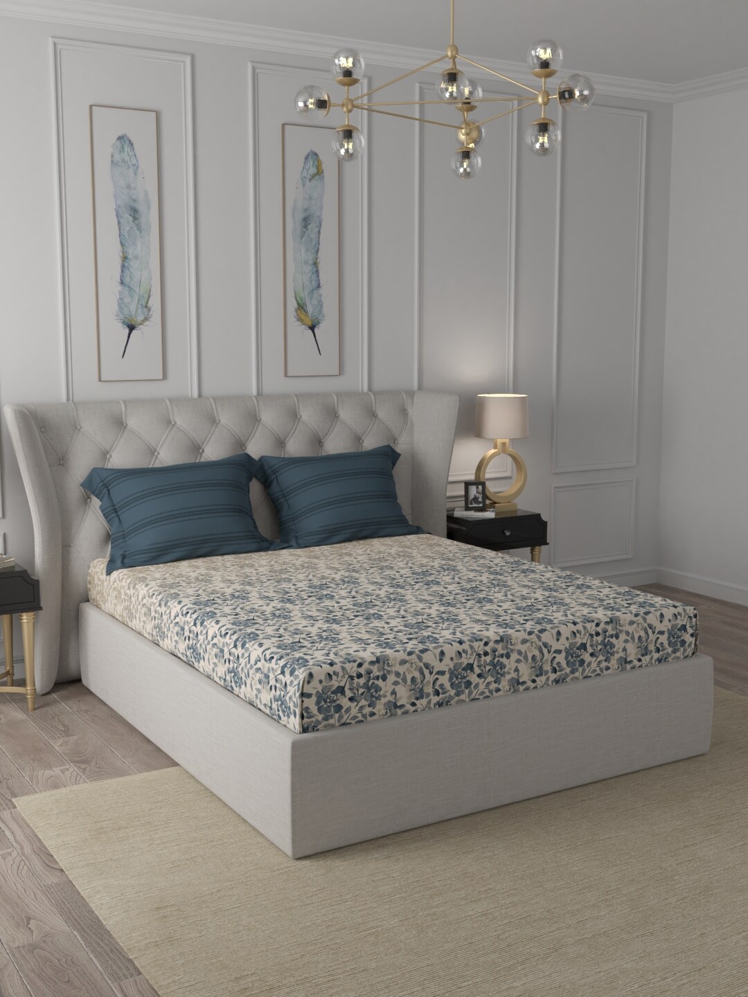 

Trident White & Blue Floral 210 TC King Bedsheet with 2 Pillow Covers