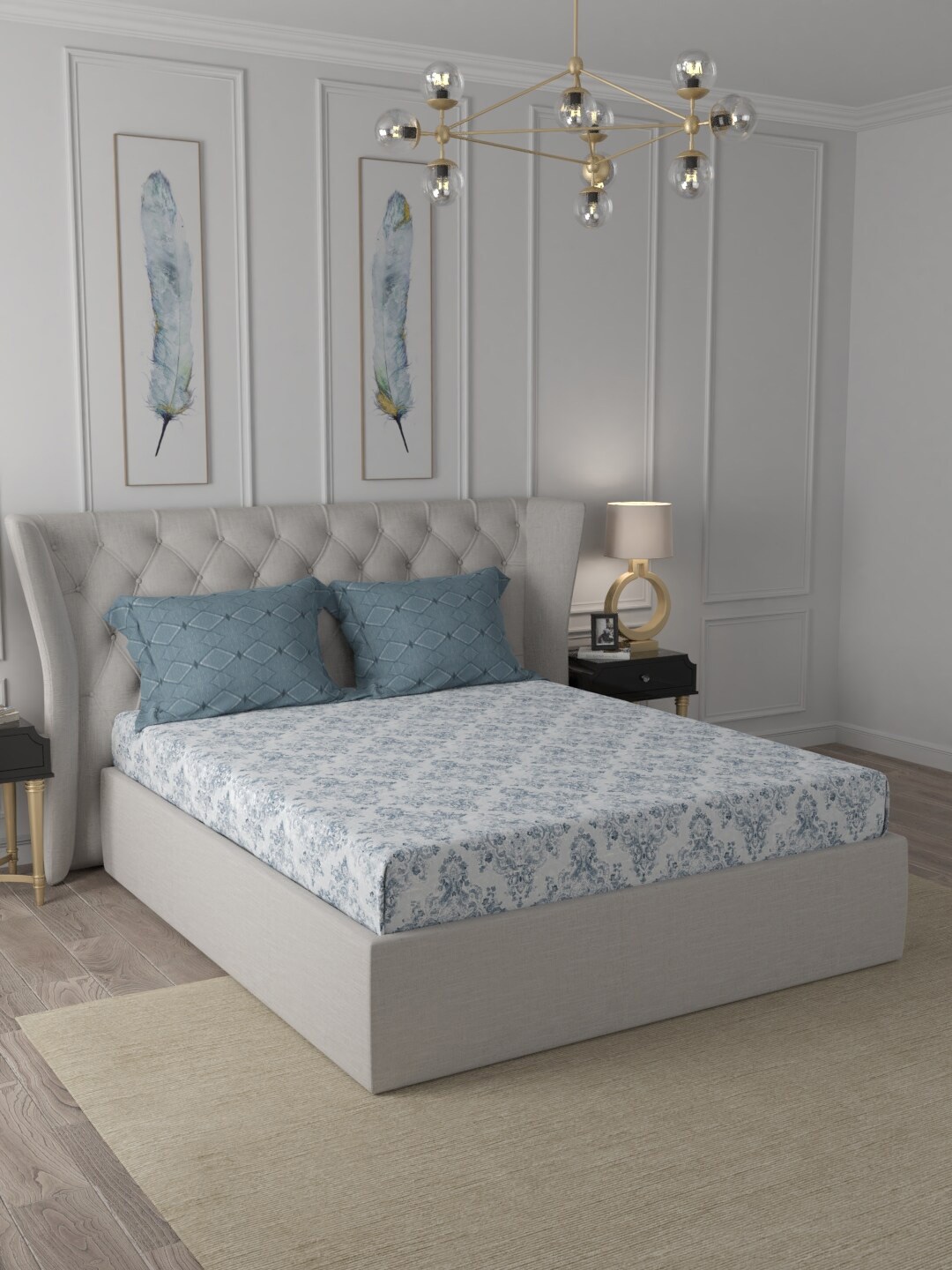 

Trident Cream & Blue 210 TC Ethnic Motifs Cotton 1 King Bedsheet With 2 Pillow Cover