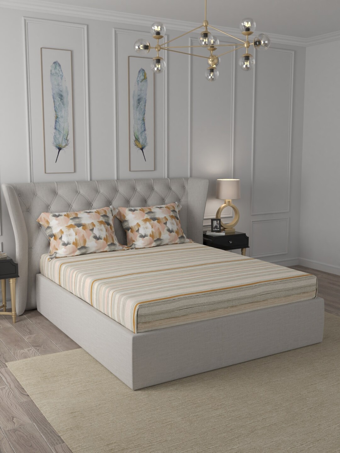 

Trident Beige & Grey Striped 210 TC King Bedsheet with 2 Pillow Covers