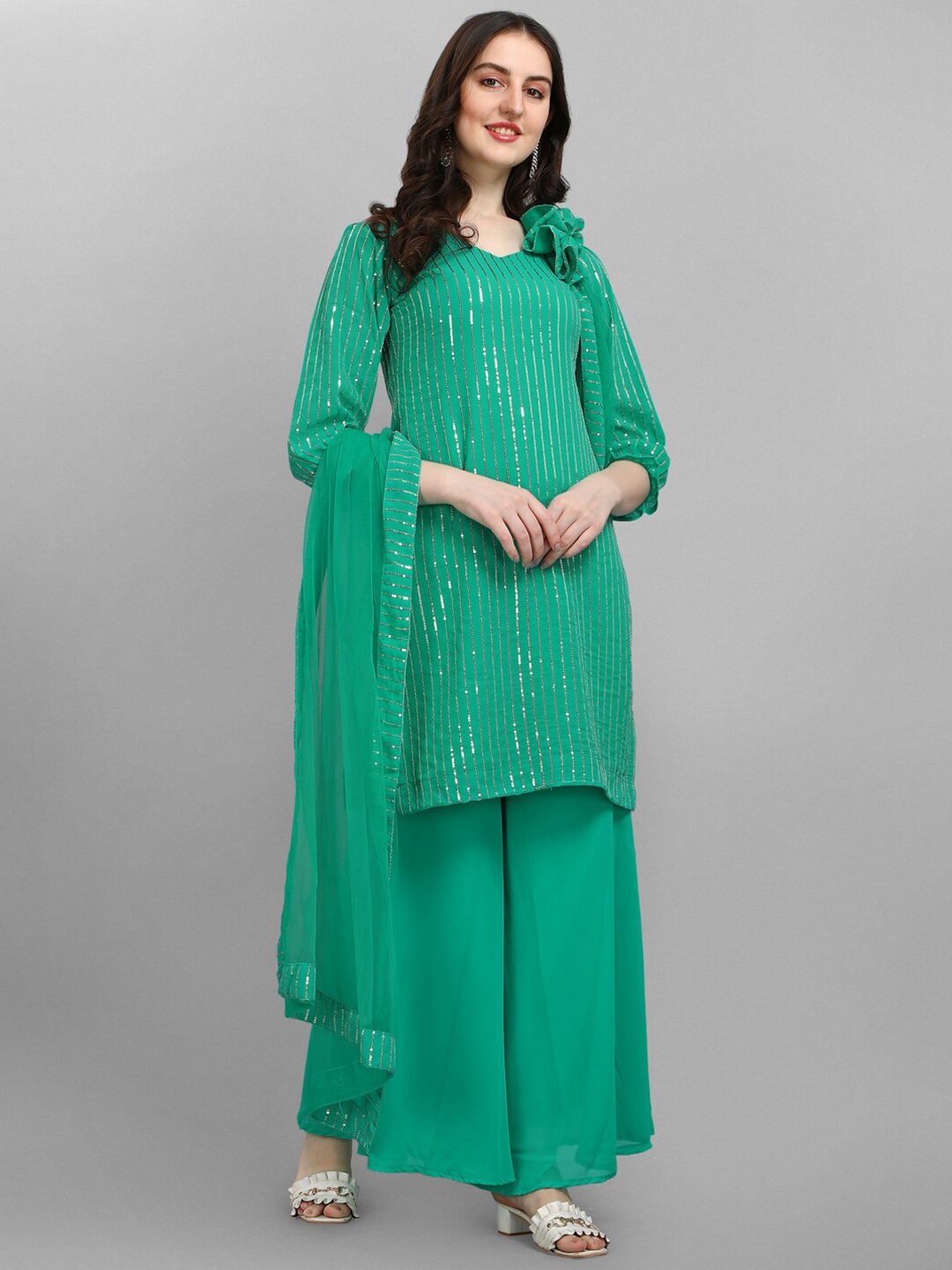 

JATRIQQ Turquoise Blue Embellished Silk Georgette Semi-Stitched Dress Material