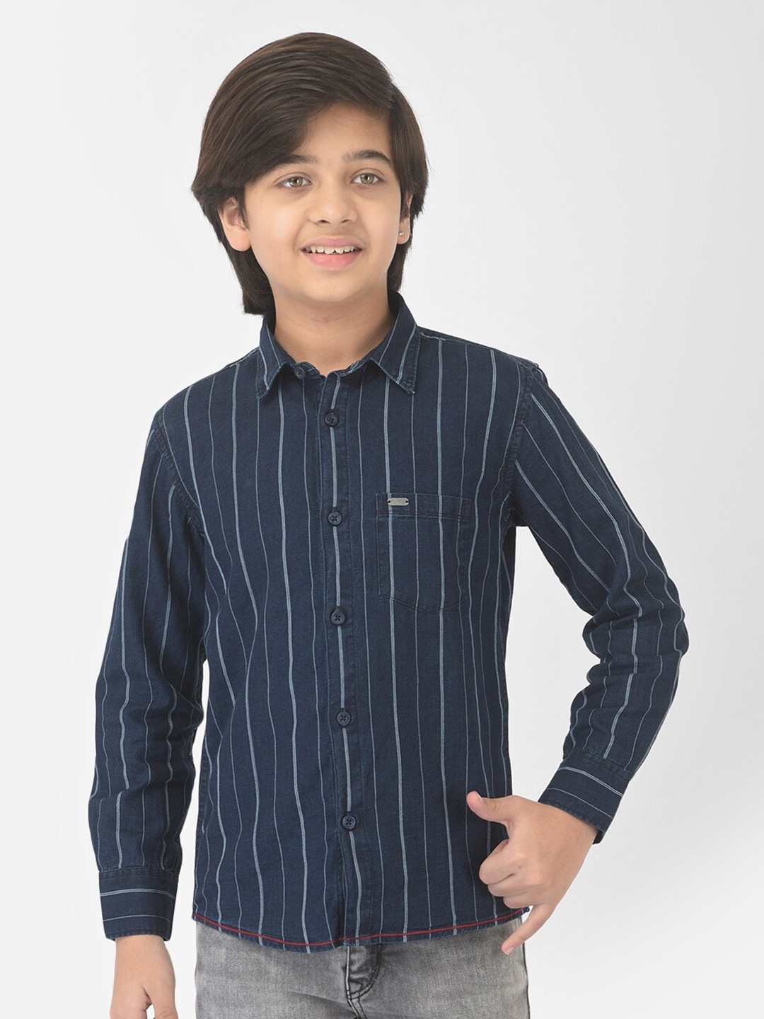 

Crimsoune Club Boys Navy Blue Slim Fit Striped Cotton Casual Shirt