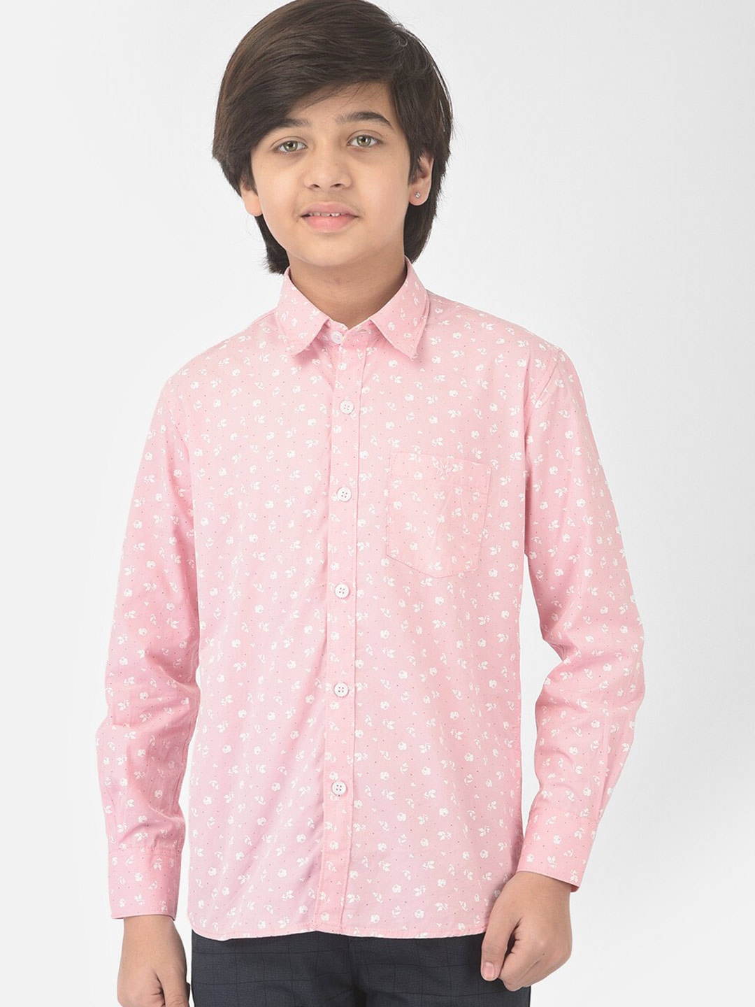 

Crimsoune Club Boys Pink & White Floral Printed Slim Fit Cotton Casual Shirt