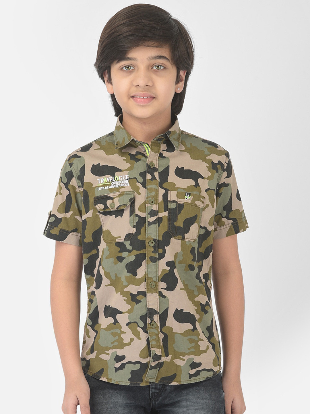 

Crimsoune Club Boys Olive Green Camouflage Printed Slim Fit Casual Shirt