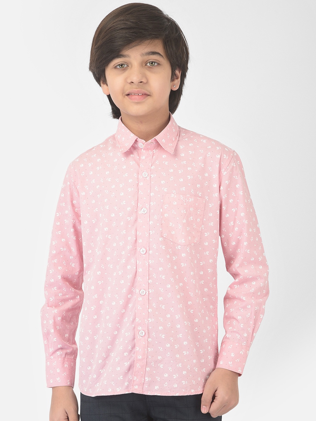 

Crimsoune Club Boys Pink & White Floral Printed Slim Fit Cotton Casual Shirt