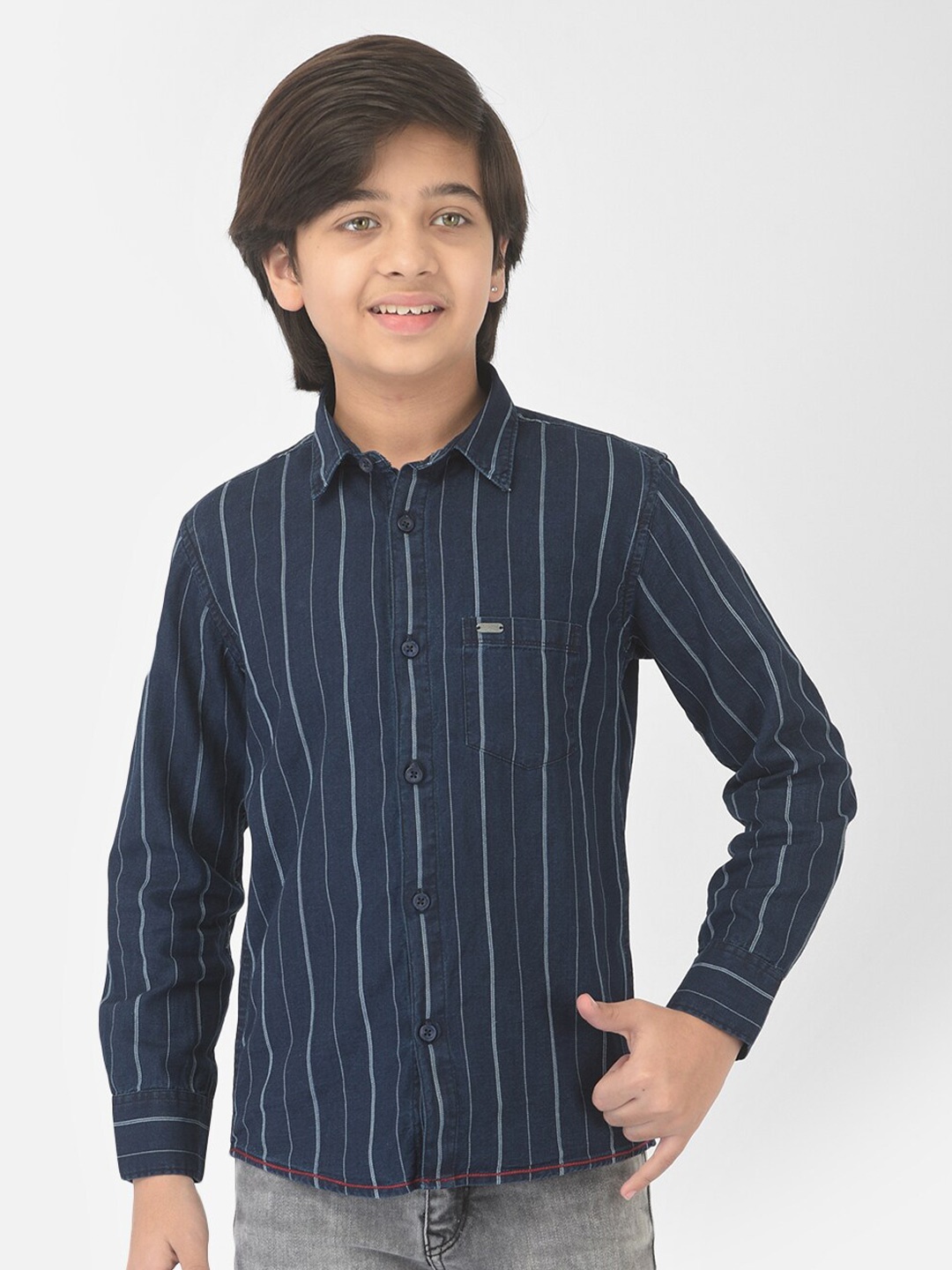 

Crimsoune Club Boys Navy Blue Slim Fit Striped Cotton Casual Shirt