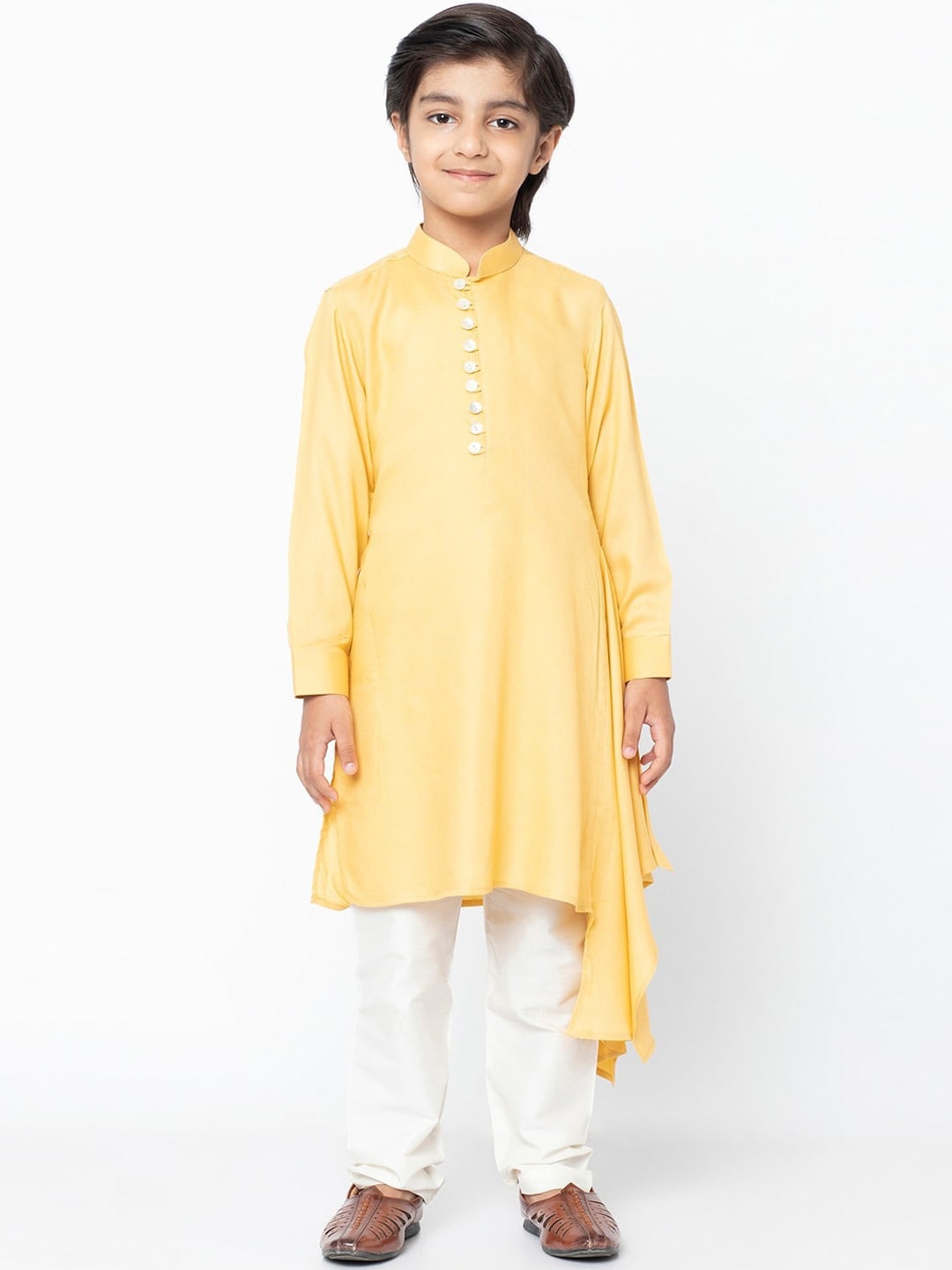 

KISAH Boys Beige & White Asymmetric Hemline Kurta with Pyjamas