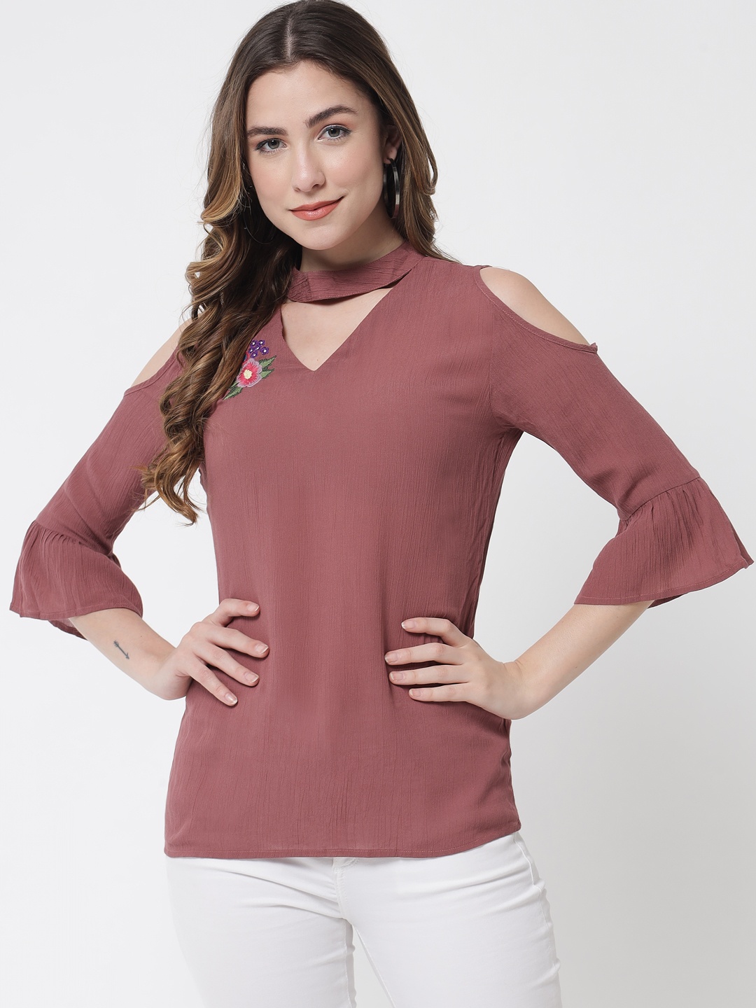 

PURYS Rose Embroidered Choker Neck Cold-Shoulder Sleeves Top