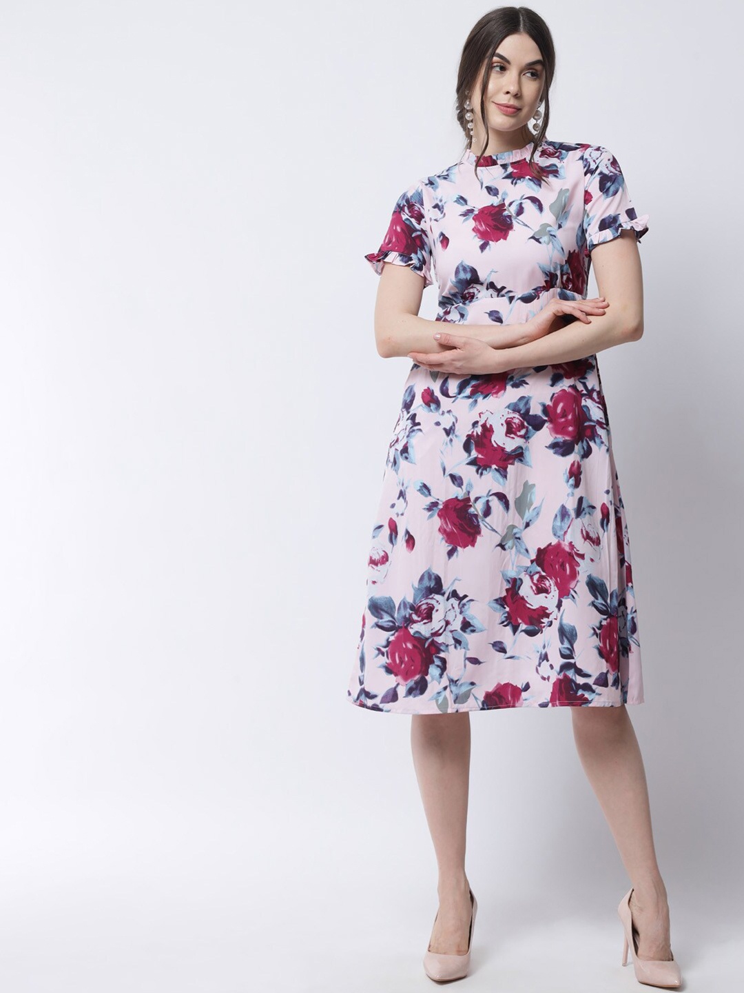 

PURYS Pink & Red Floral Crepe Dress