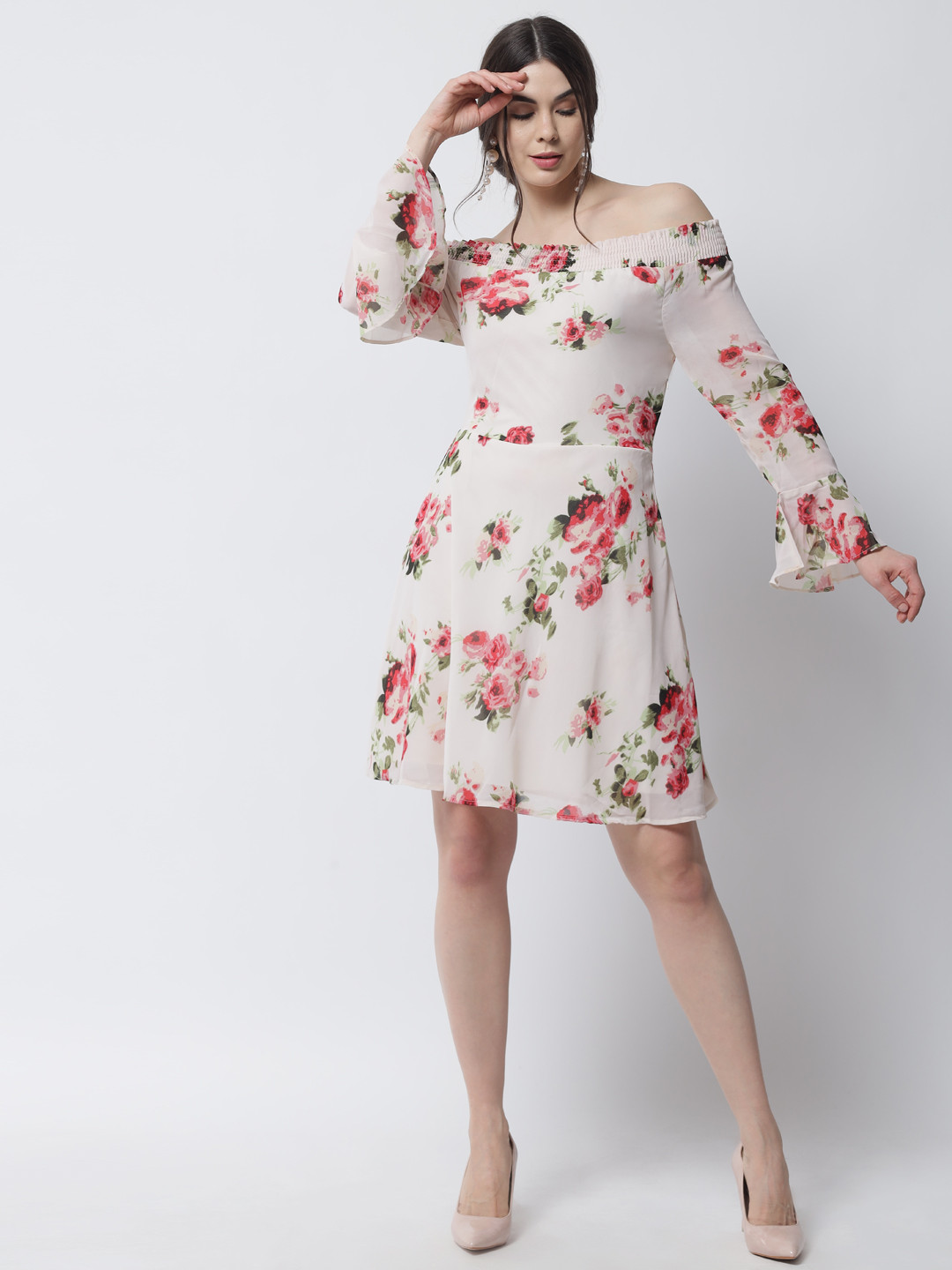 

PURYS Off White Floral Off-Shoulder Georgette Dress