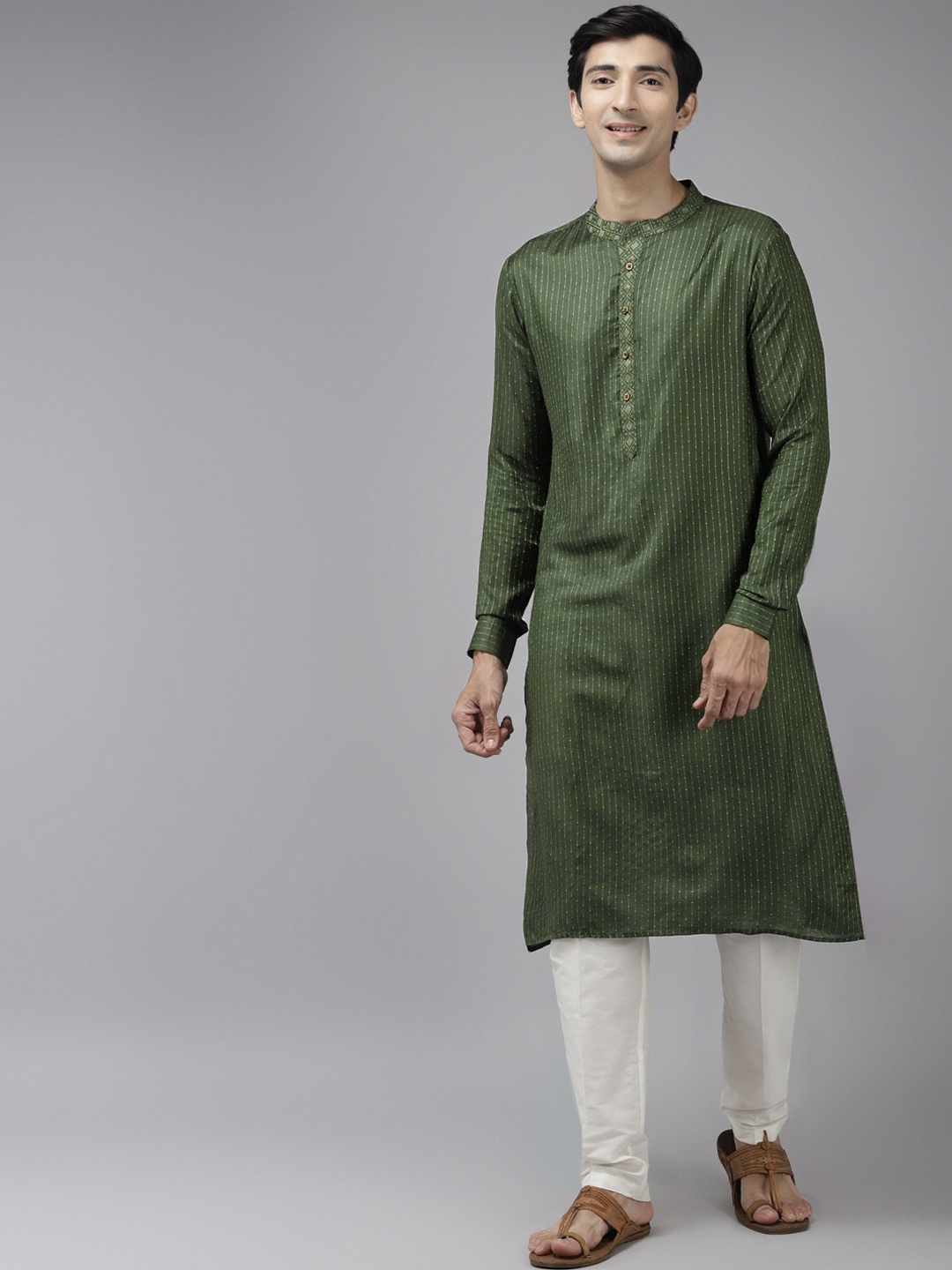 

See Designs Men Green & Beige Woven Design Thread Work Kurta