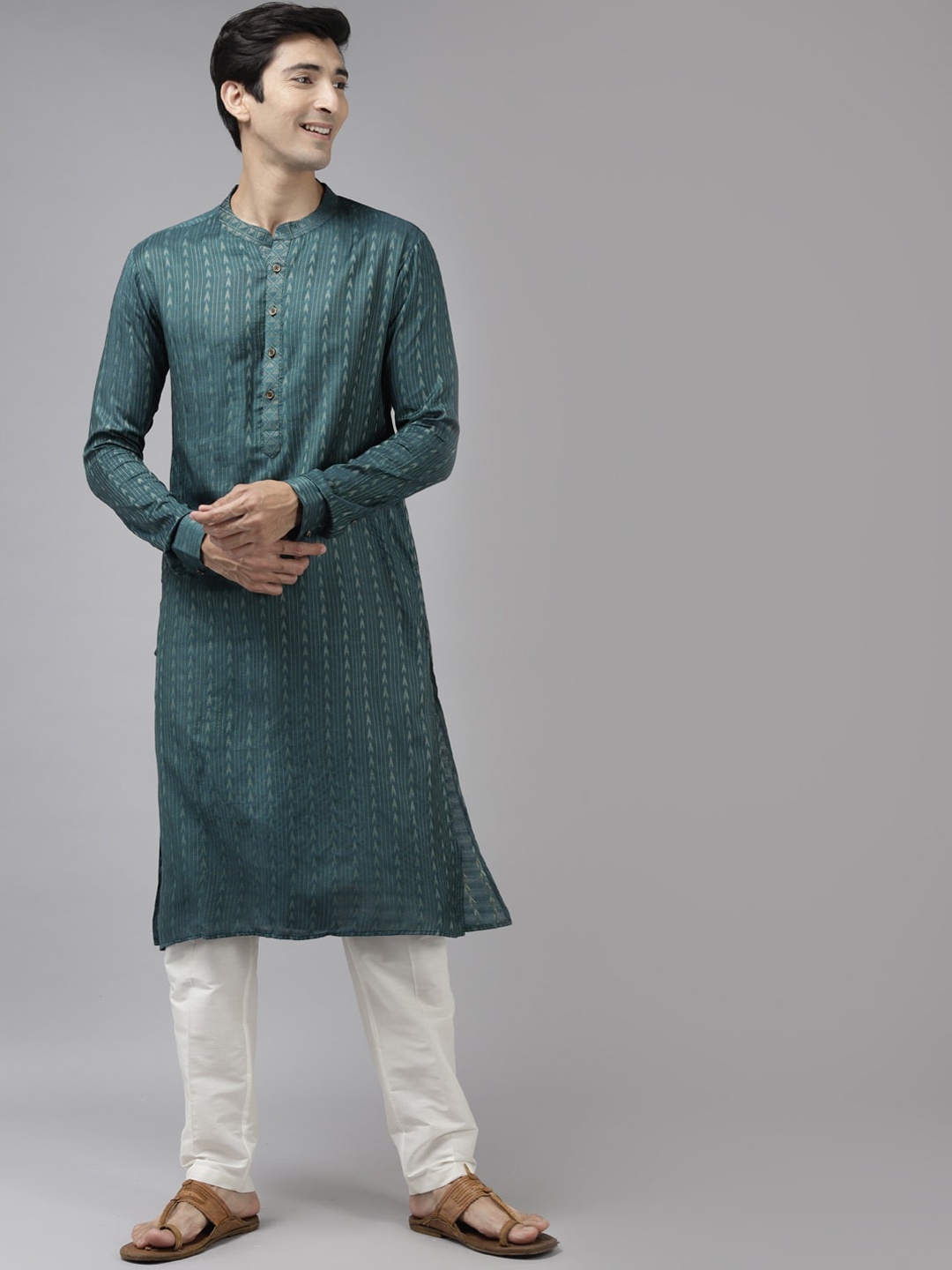 

See Designs Men Teal & Beige Woven Design Thread Work Kurta