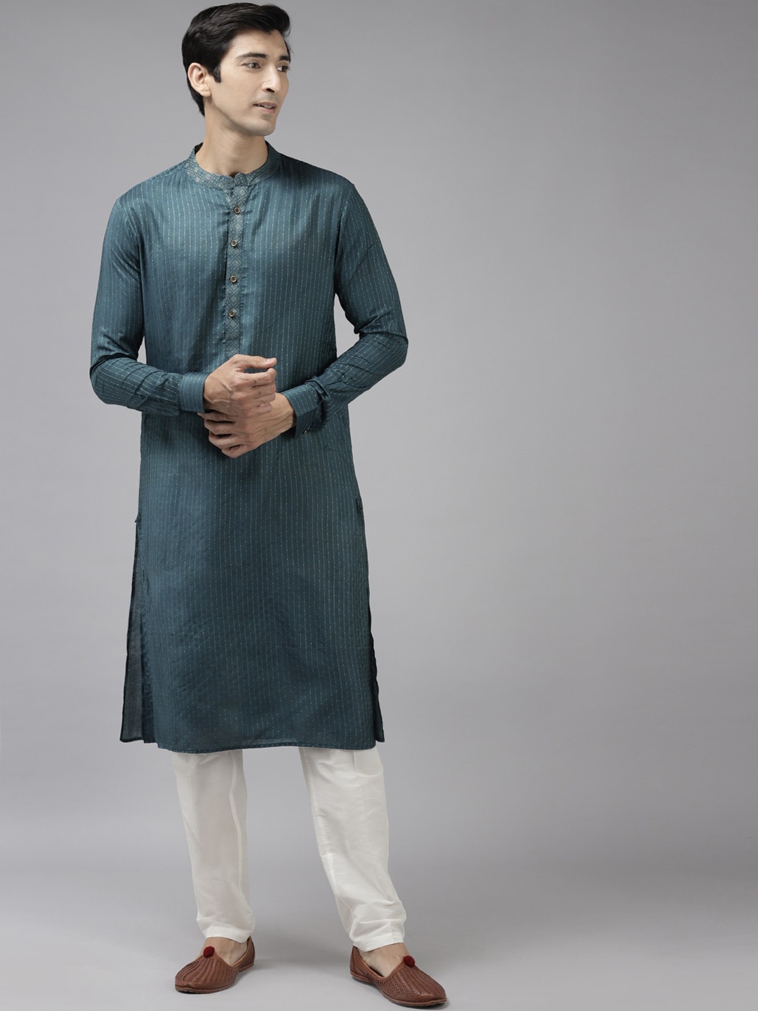 

See Designs Men Teal Blue & Yellow Thread Work Art Cotton Silk Kurta