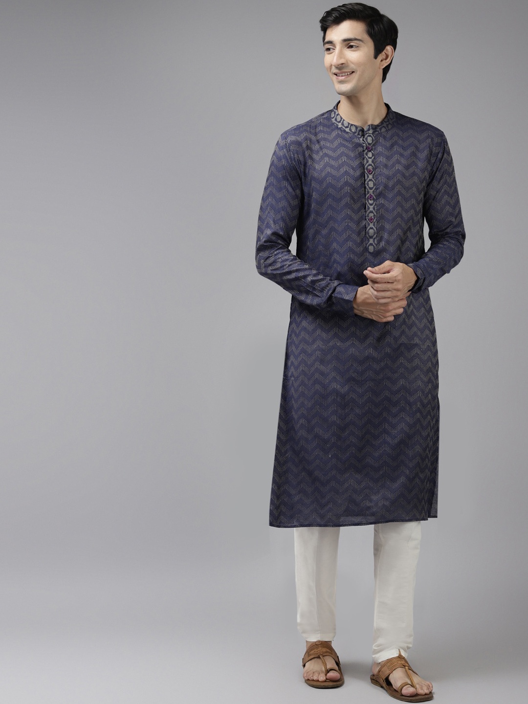 

See Designs Men Navy Blue Woven Design Thread Work Kurta