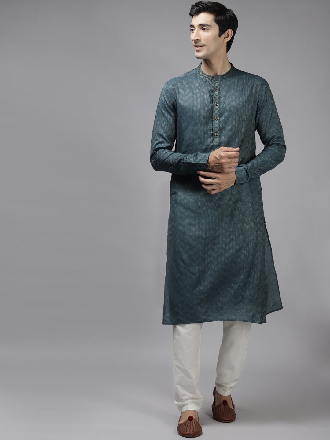 

See Designs Men Teal & Beige Woven Design Thread Work Kurta