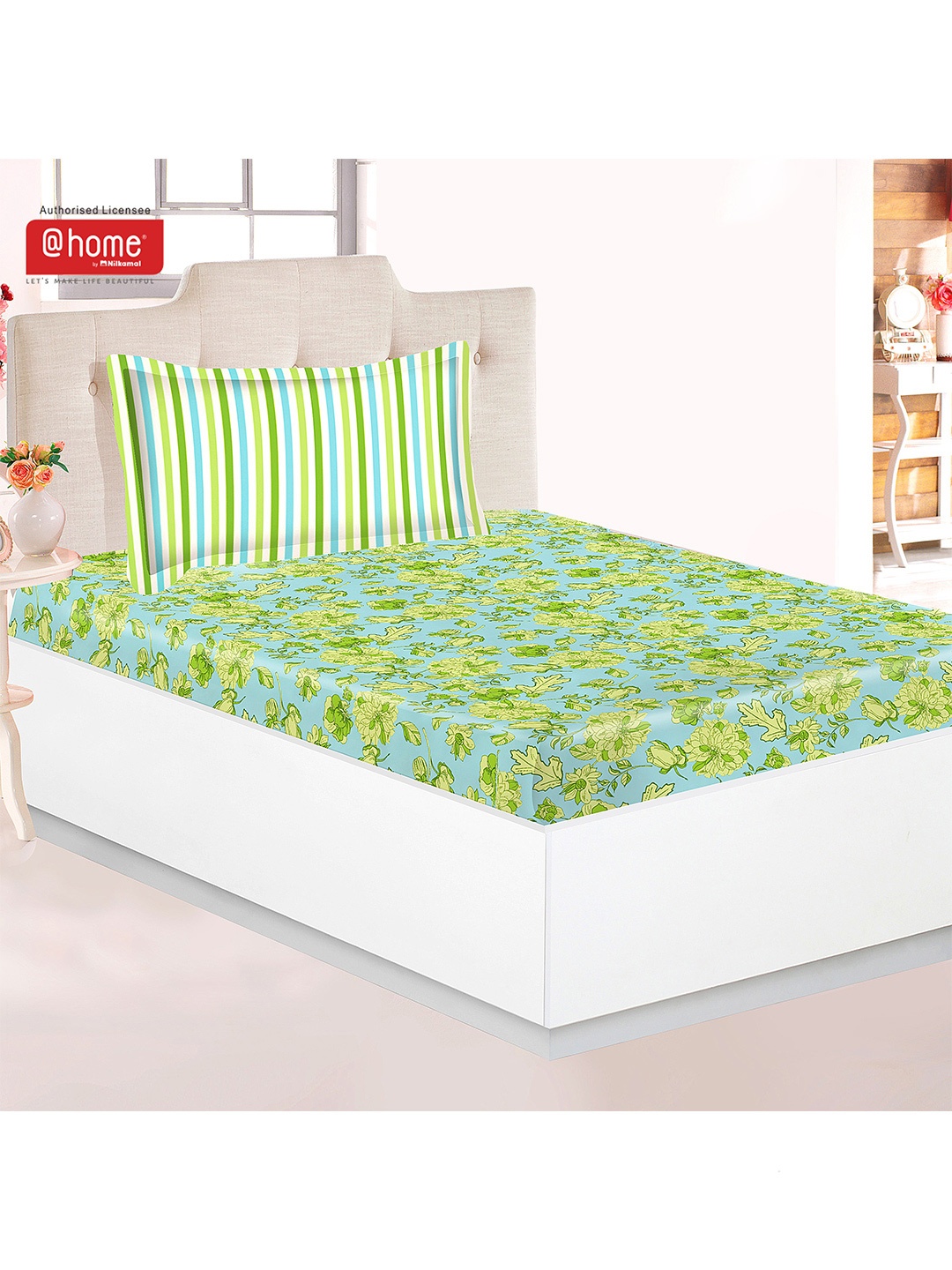 

Athome by Nilkamal Green & Blue Floral 120 TC Single Bedsheet With 2 Pillow Covers