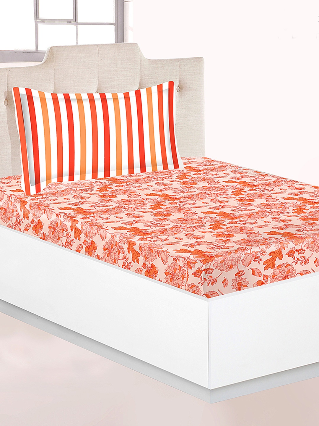 

Athome by Nilkamal Peach & Orange Printed 120 TC Single Bedsheet with 1 Pillow Cover
