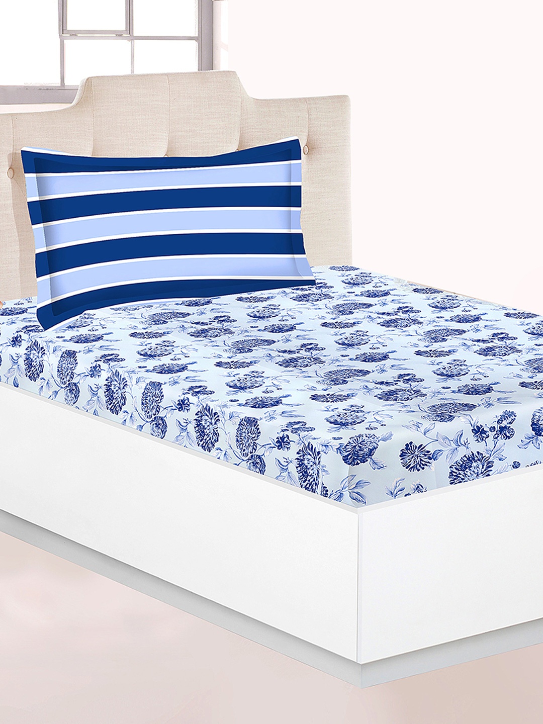 

Athome by Nilkamal Blue & White Printed 120 TC Single Bedsheet with 1 Pillow Cover