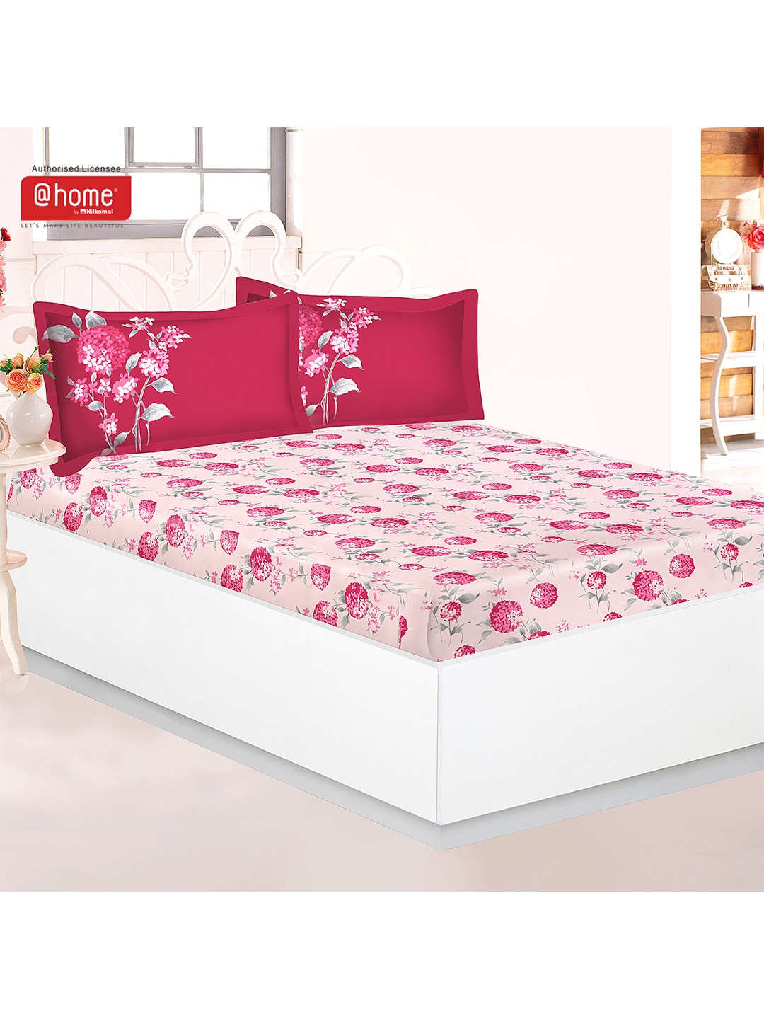 

Athome by Nilkamal Pink & White Floral 144 TC Double Bedsheet with 2 Pillow Covers