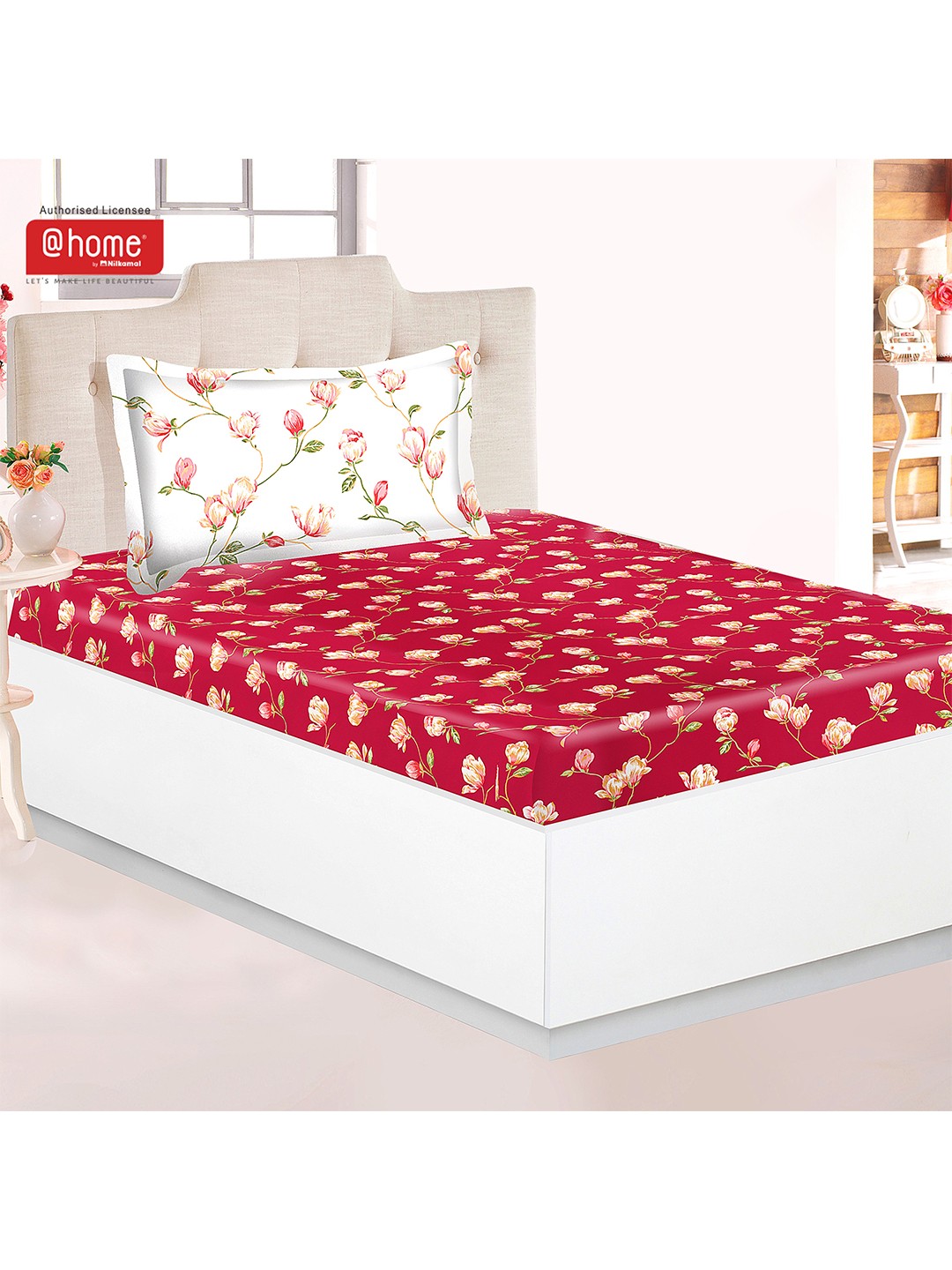 

Athome by Nilkamal Pink & White Printed 120 TC Single Bedsheet with 1 Pillow Cover