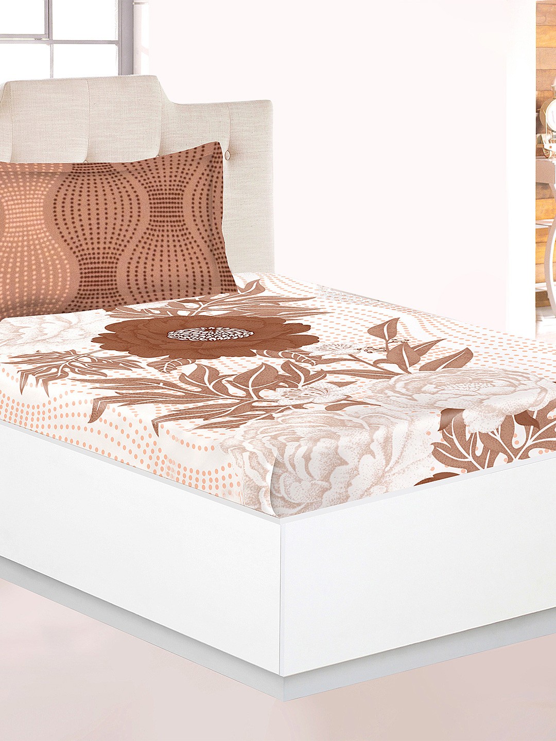 

Athome by Nilkamal Brown & Peach-Coloured Floral 120 TC Single Bedsheet with 2 Pillow Covers