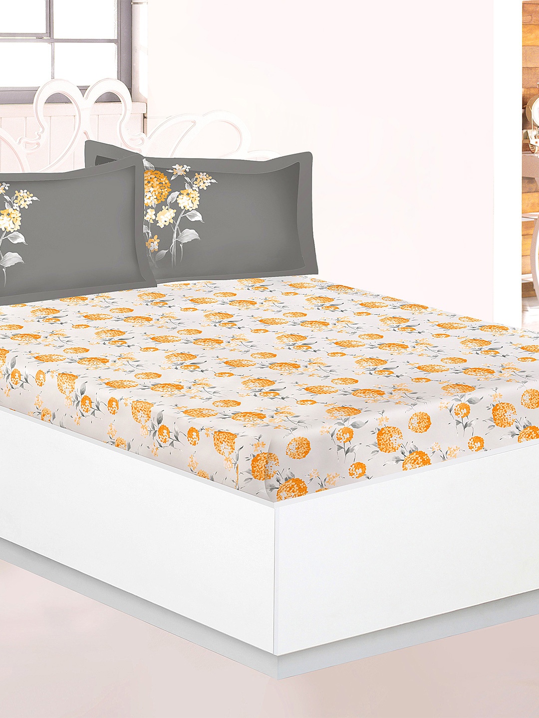 

Athome by Nilkamal Off White & Yellow Printed 144 TC Single Bedsheet with 2 Pillow Covers