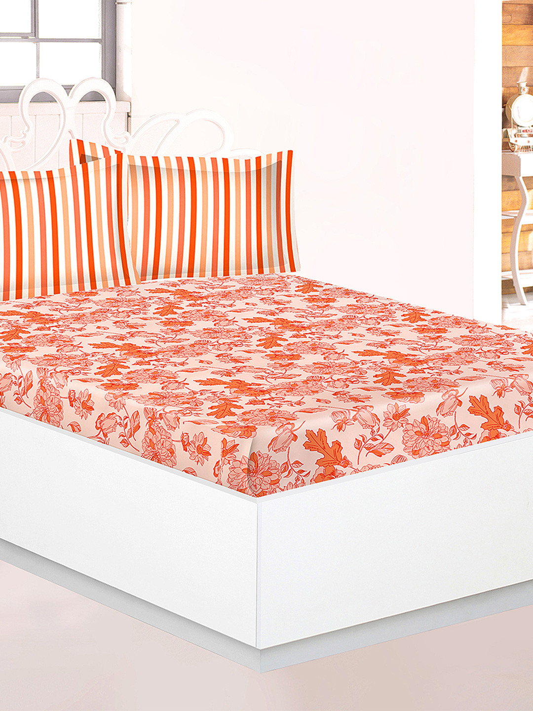 

Athome by Nilkamal Arias Erica Lotus Peach Colored Floral 120 TC Double Bedsheet With 2 Pillow Cover