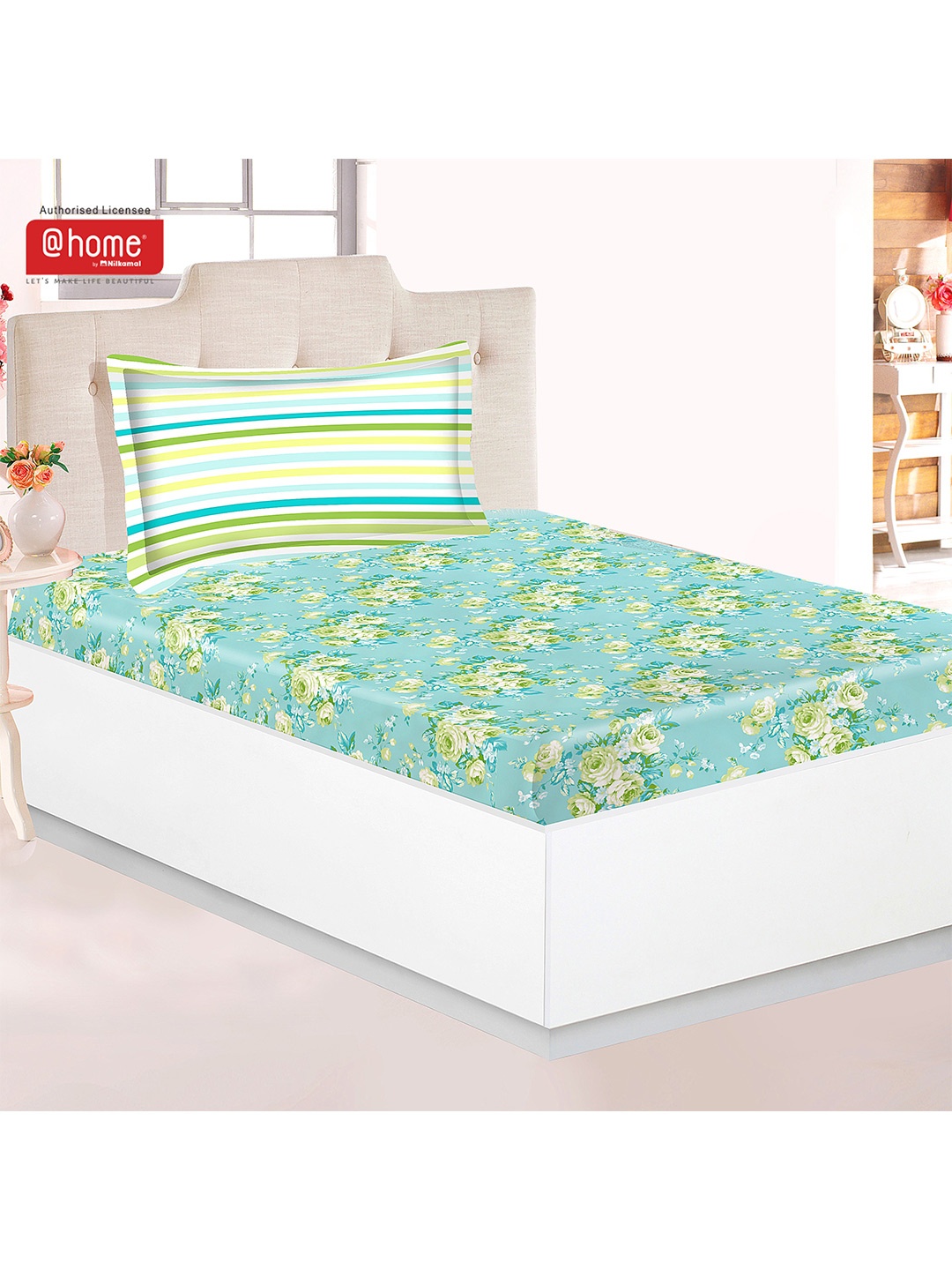 

Athome by Nilkamal Green & White Floral 144 TC Cotton Single Bedsheet with 2 Pillow Covers