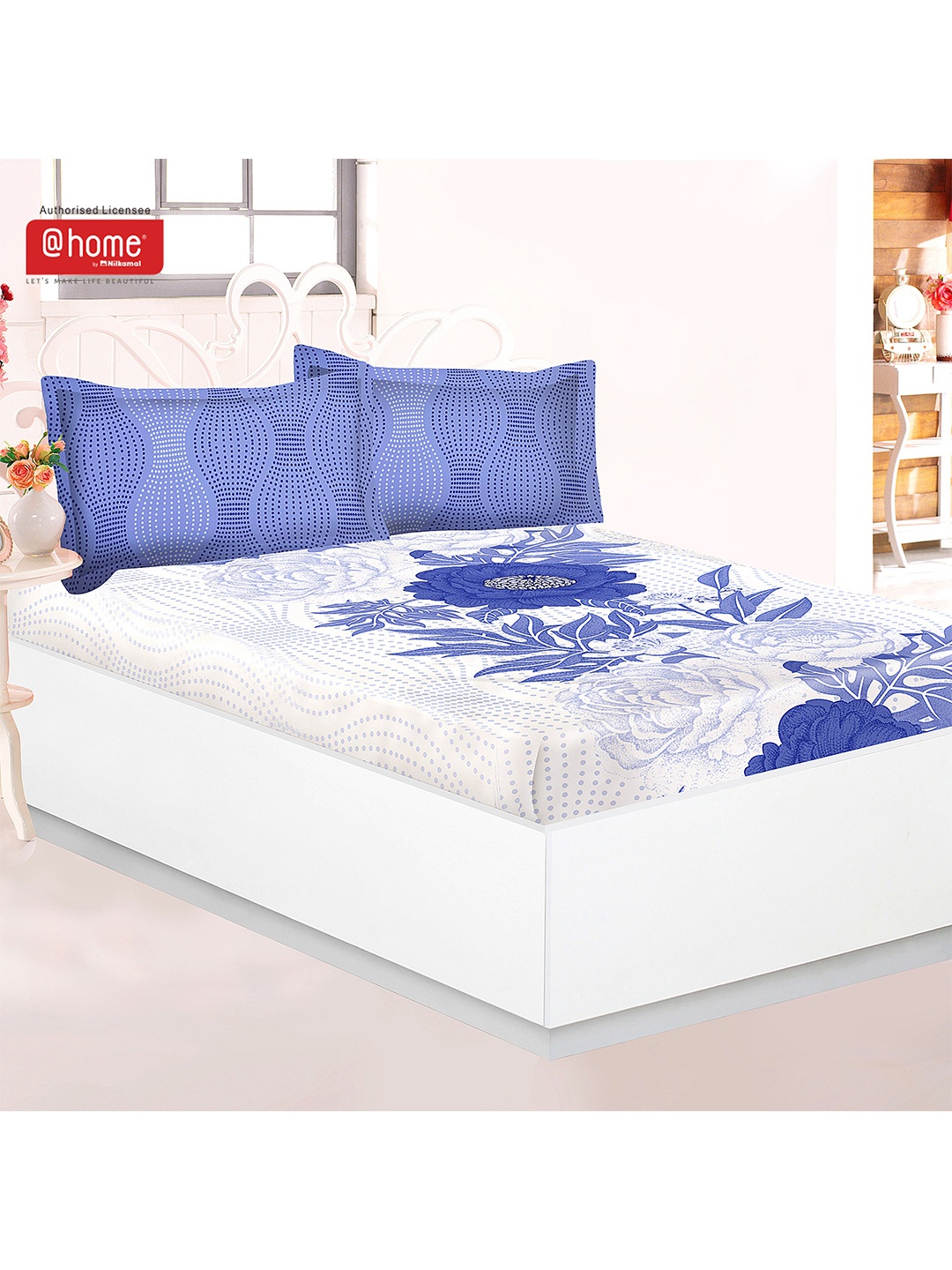 

Athome by Nilkamal Blue 120 TC Floral Cotton 1 King Bedsheet With 2 Pillow Cover