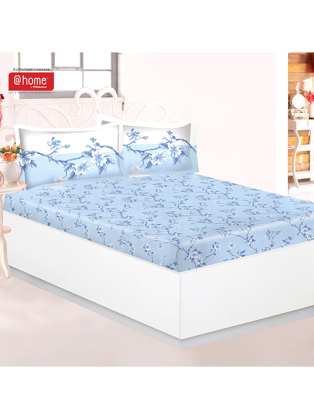 

Athome by Nilkamal Blue & White Printed 144 TC Single Bedsheet with 2 Pillow Covers