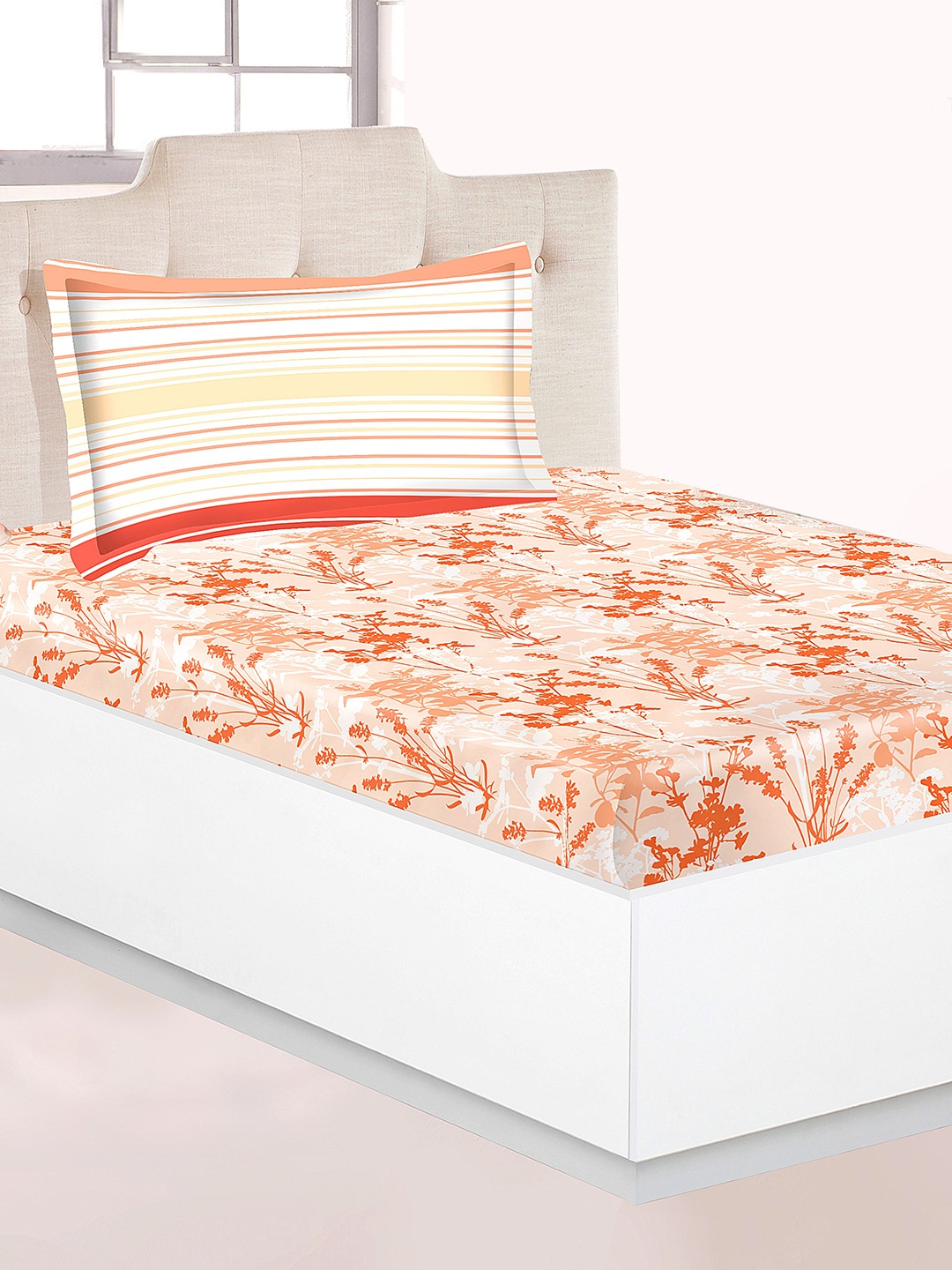 

Athome by Nilkamal Arias Petunia Rosemary 144TC Single Cotton Bedsheet with 1 Pillow Cover, Peach