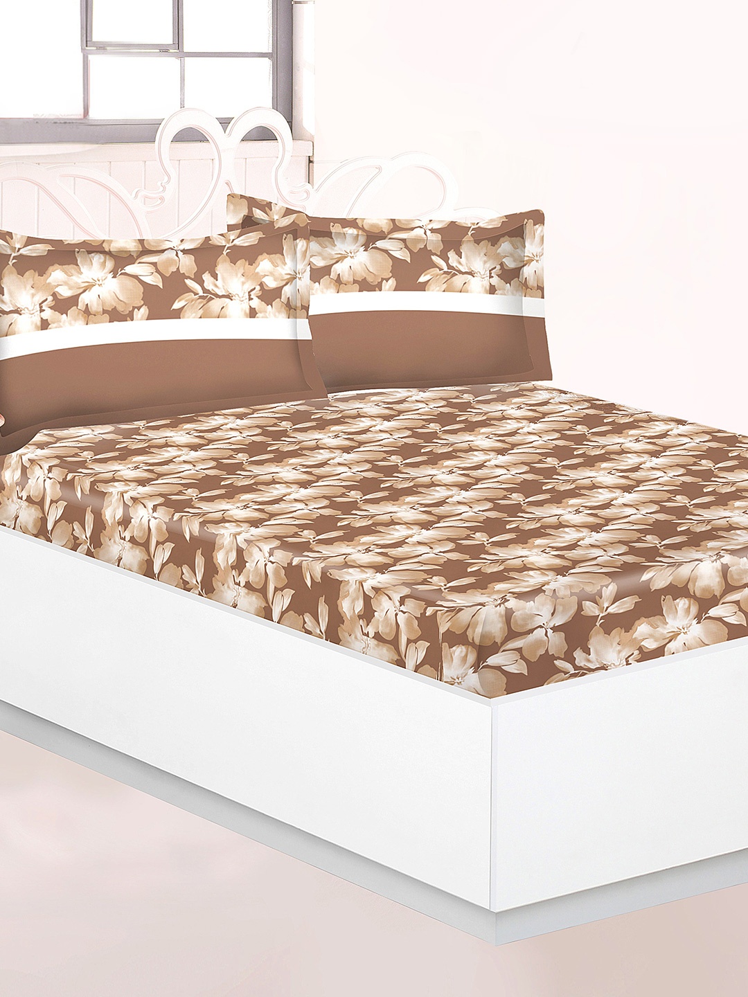 

Athome by Nilkamal Brown Floral 144 TC Cotton Double Bedsheet with 2 Pillow Covers