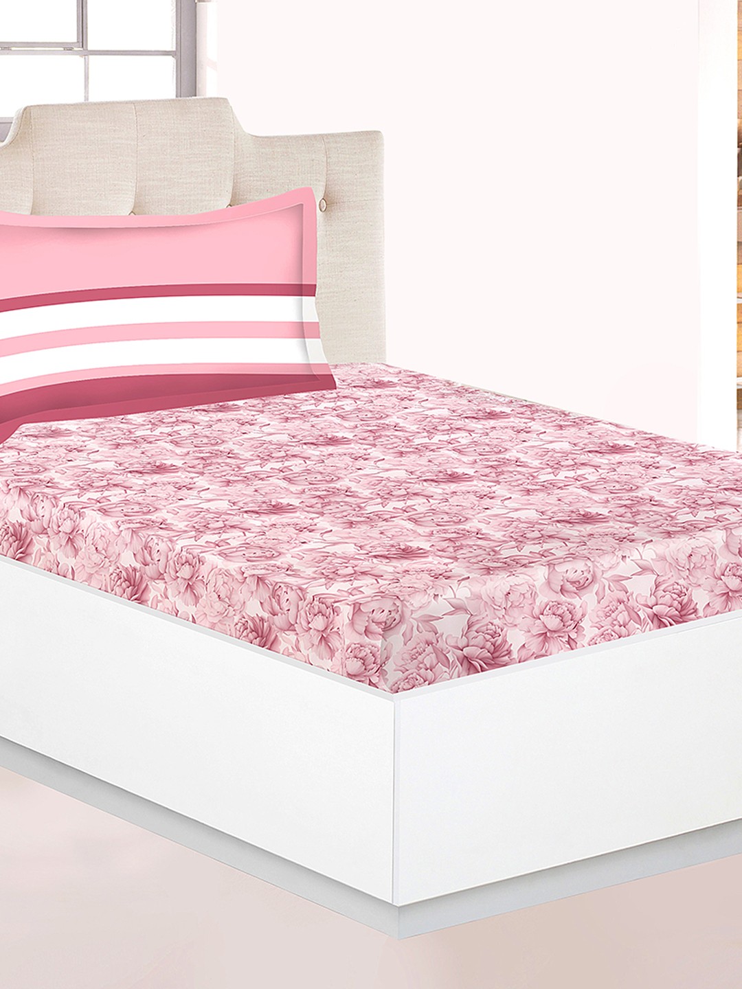 

Athome by Nilkamal Pink & White Floral 144 TC Single Bedsheet with 2 Pillow Covers