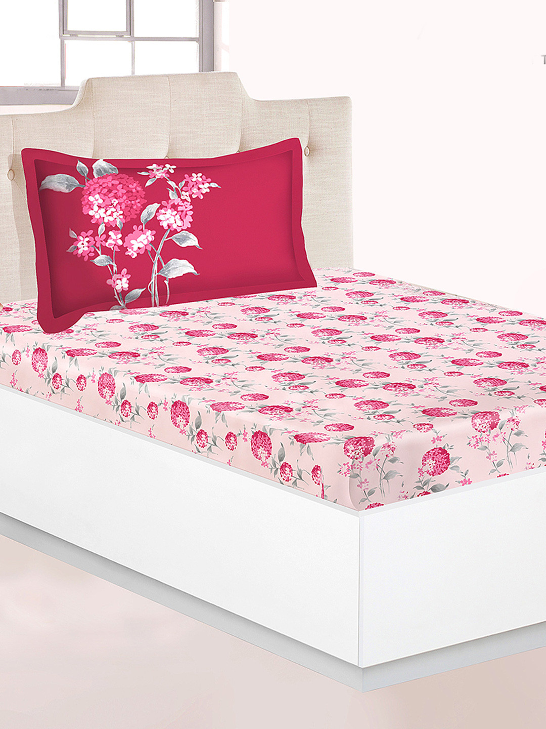 

Athome by Nilkamal Pink & White Floral 144 TC Single Bedsheet with 2 Pillow Covers