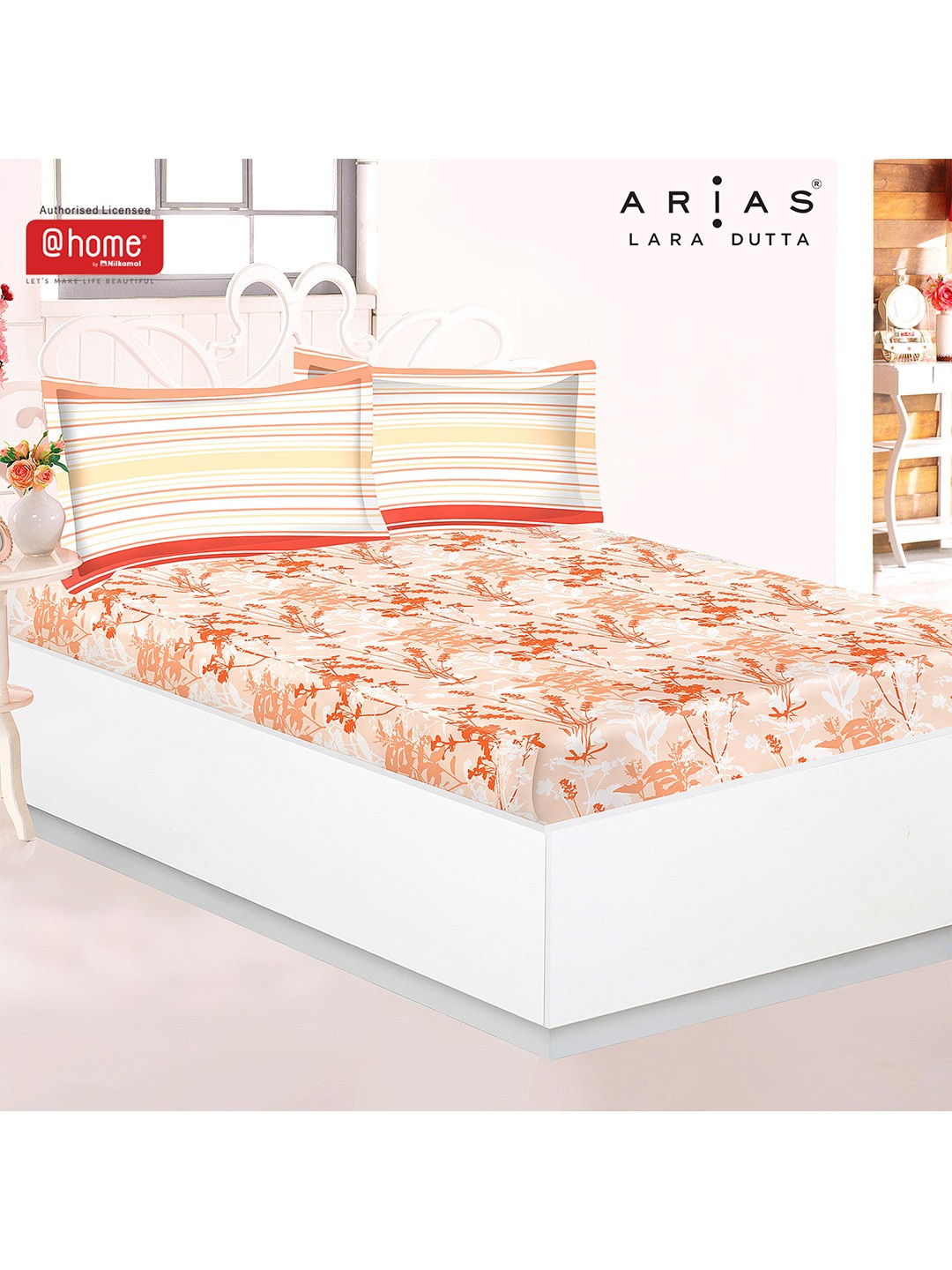 

Athome by Nilkamal Peach & White Printed 144 TC Single Bedsheet with 2 Pillow Covers