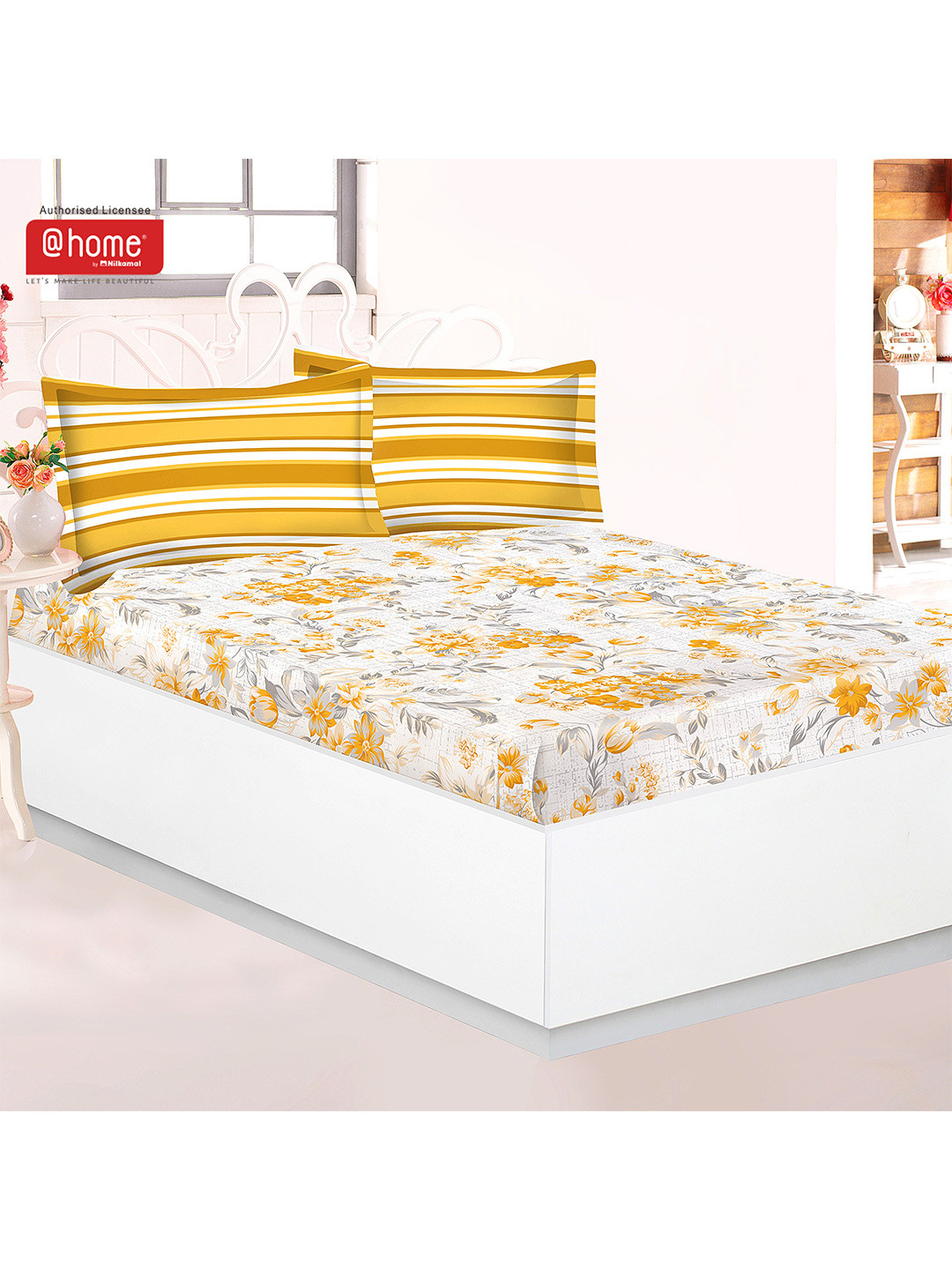 

Athome by Nilkamal Off White & Yellow Printed 120 TC Single Bedsheet with 2 Pillow Covers