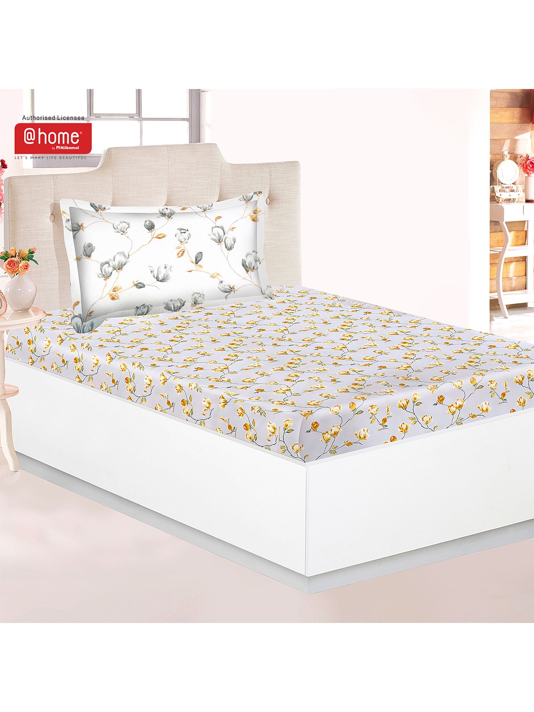 

Athome by Nilkamal Grey & Brown Printed 120 TC Single Bedsheet with 2 Pillow Covers